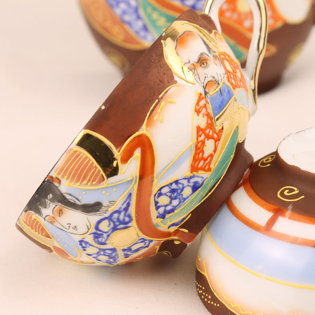 Japanse Satsuma Stijl Theeset met Draken Theepot – Eggshell Porselein & Moriage Decor – Showa Periode