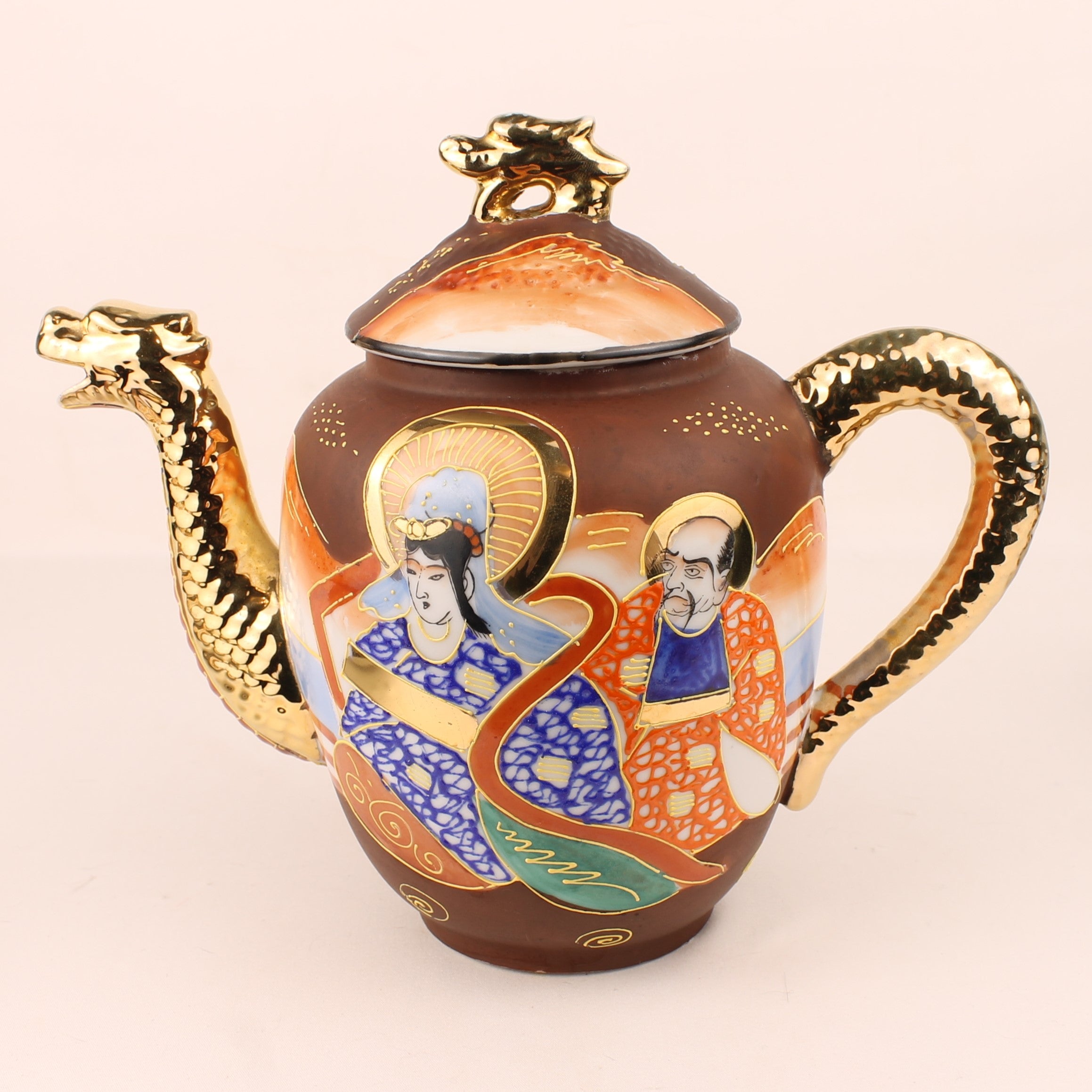 Japanse Satsuma Stijl Theeset met Draken Theepot – Eggshell Porselein & Moriage Decor – Showa Periode