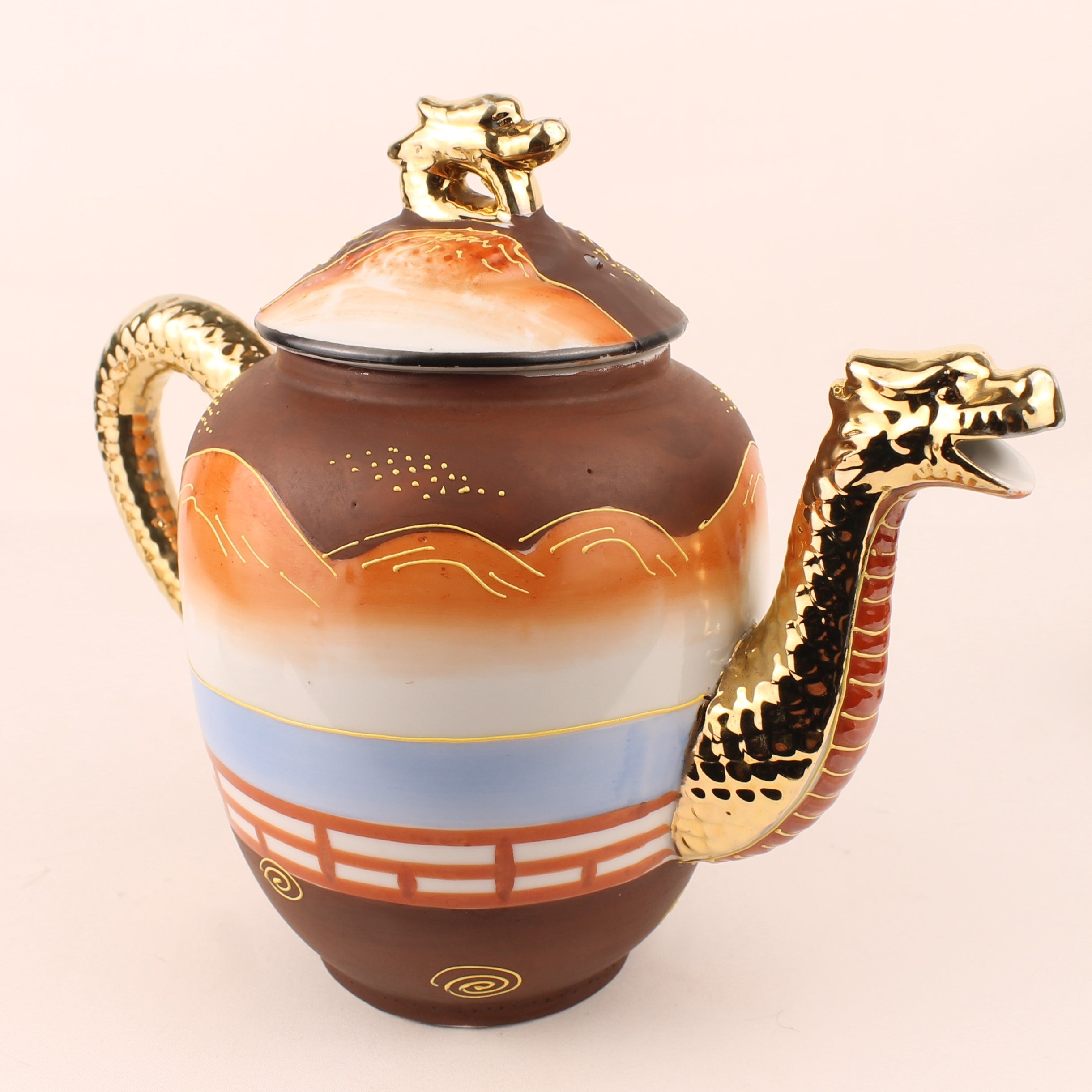 Japanse Satsuma Stijl Theeset met Draken Theepot – Eggshell Porselein & Moriage Decor – Showa Periode