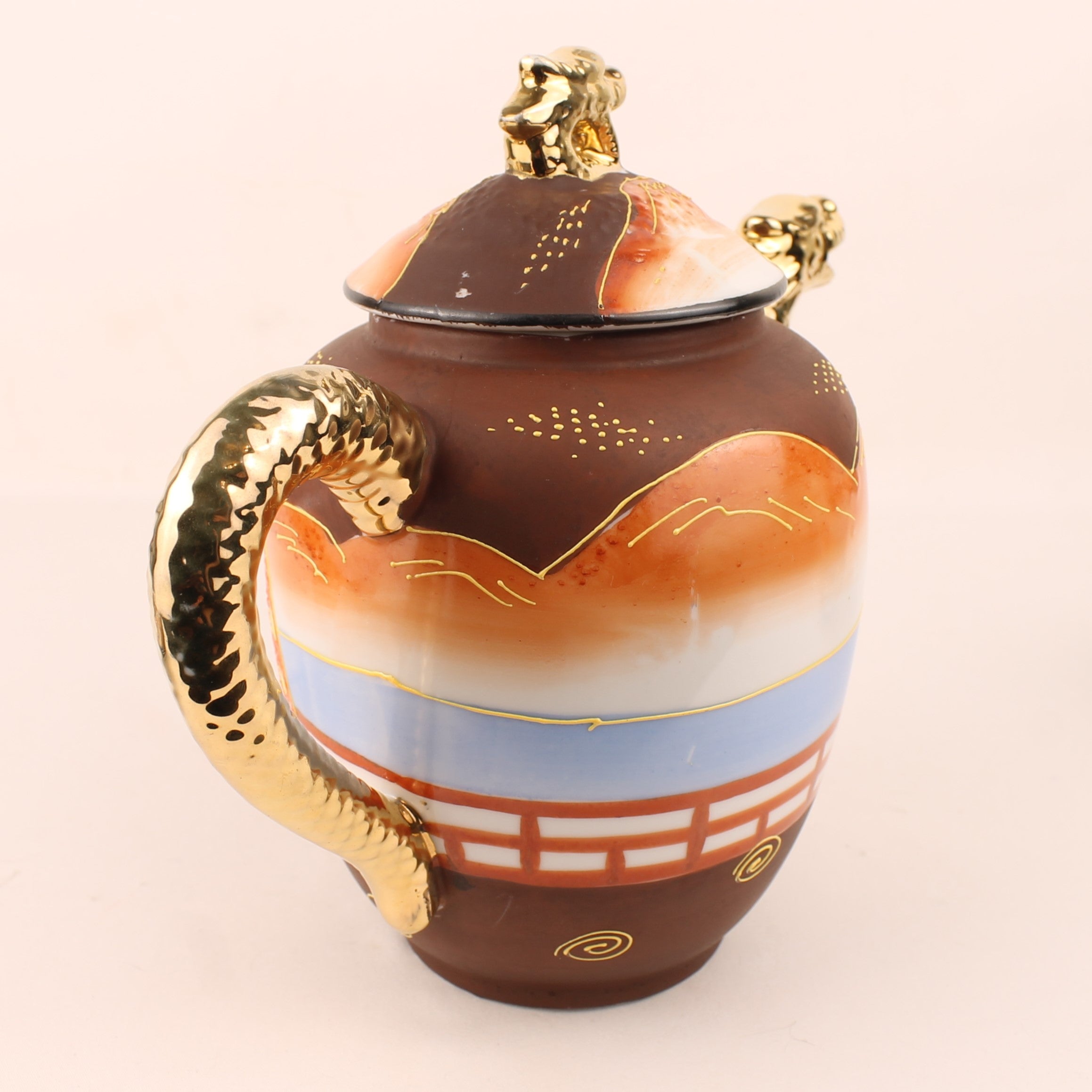 Japanse Satsuma Stijl Theeset met Draken Theepot – Eggshell Porselein & Moriage Decor – Showa Periode
