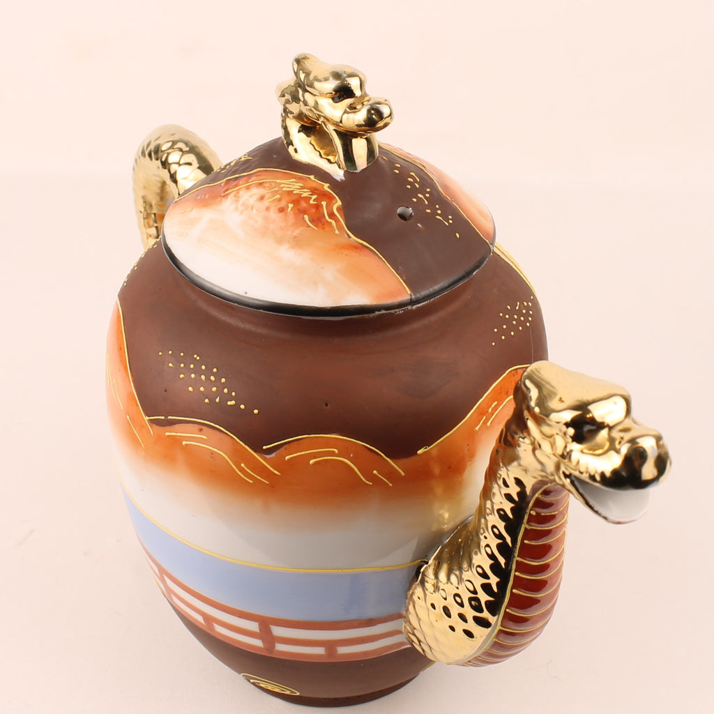 Japanse Satsuma Stijl Theeset met Draken Theepot – Eggshell Porselein & Moriage Decor – Showa Periode