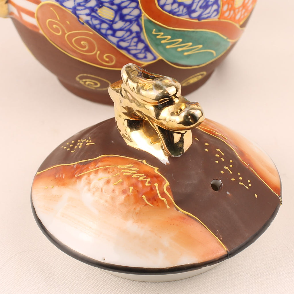 Japanse Satsuma Stijl Theeset met Draken Theepot – Eggshell Porselein & Moriage Decor – Showa Periode