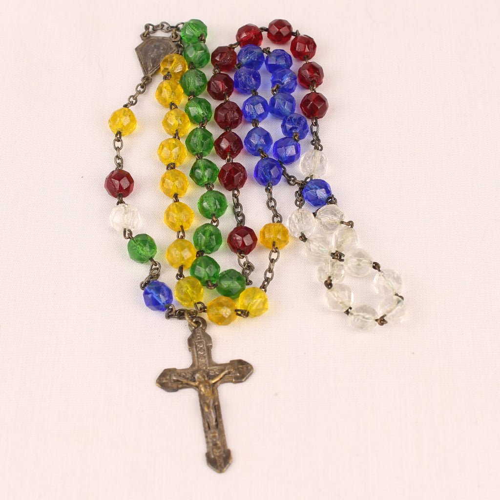 Franse Rozenkrans met Multicolor Glaskralen en Kruis