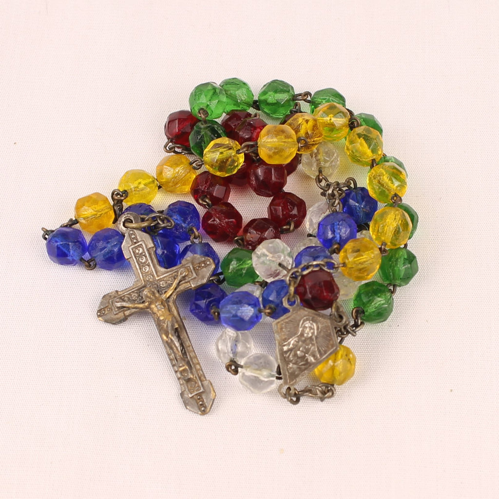 Franse Rozenkrans met Multicolor Glaskralen en Kruis