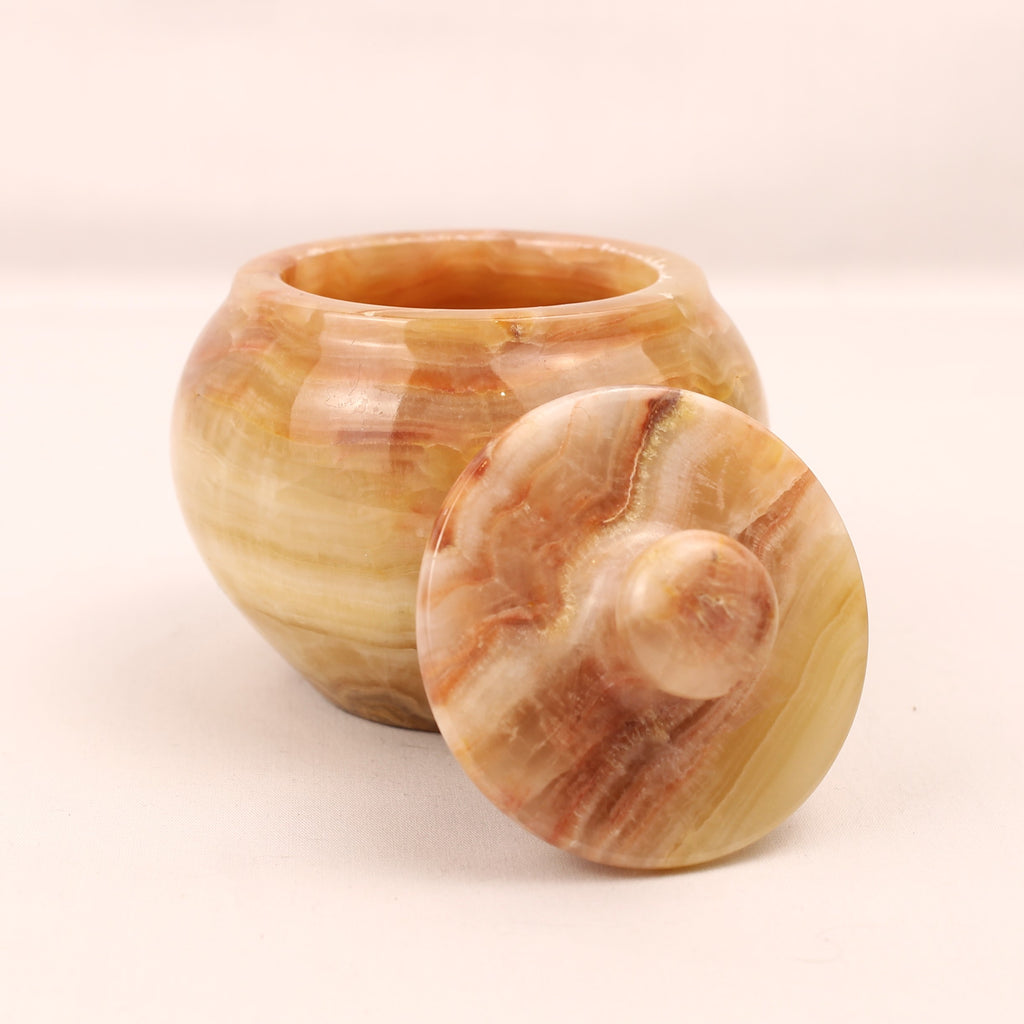 Onyx Marmeren Potje met Deksel – Warm Honingkleurig Natuursteen