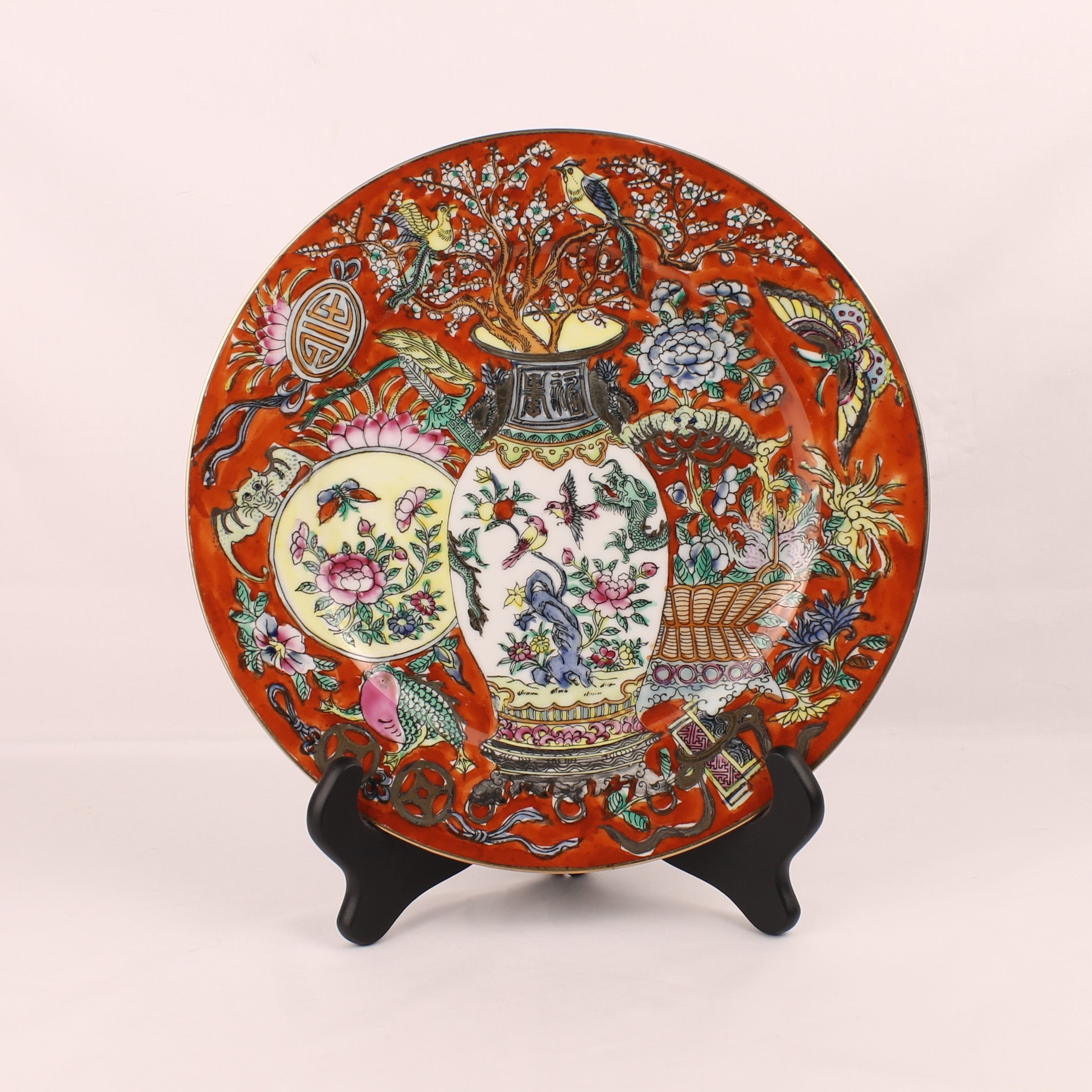 Chinees Sierbord Rood met Draak en Symbolisch Decor 26 cm Vintage Porselein