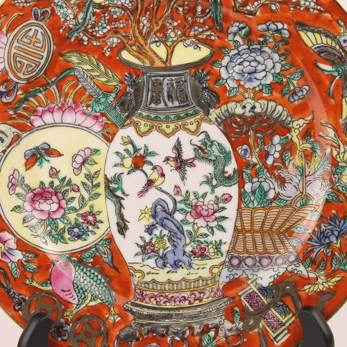 Chinees Sierbord Rood met Draak en Symbolisch Decor 26 cm Vintage Porselein