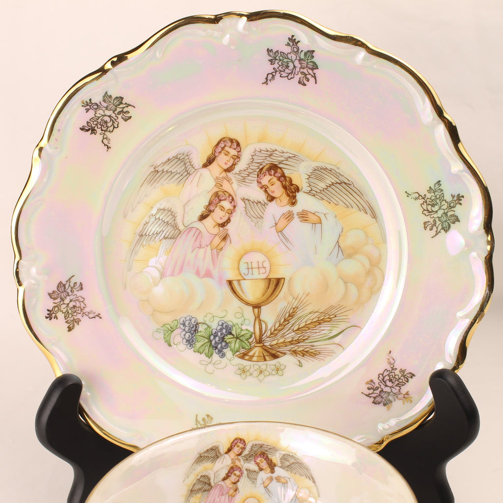 Religieuze porseleinen set Lorenz Bavaria – kop, schotel en bord met engelen en eucharistisch decor