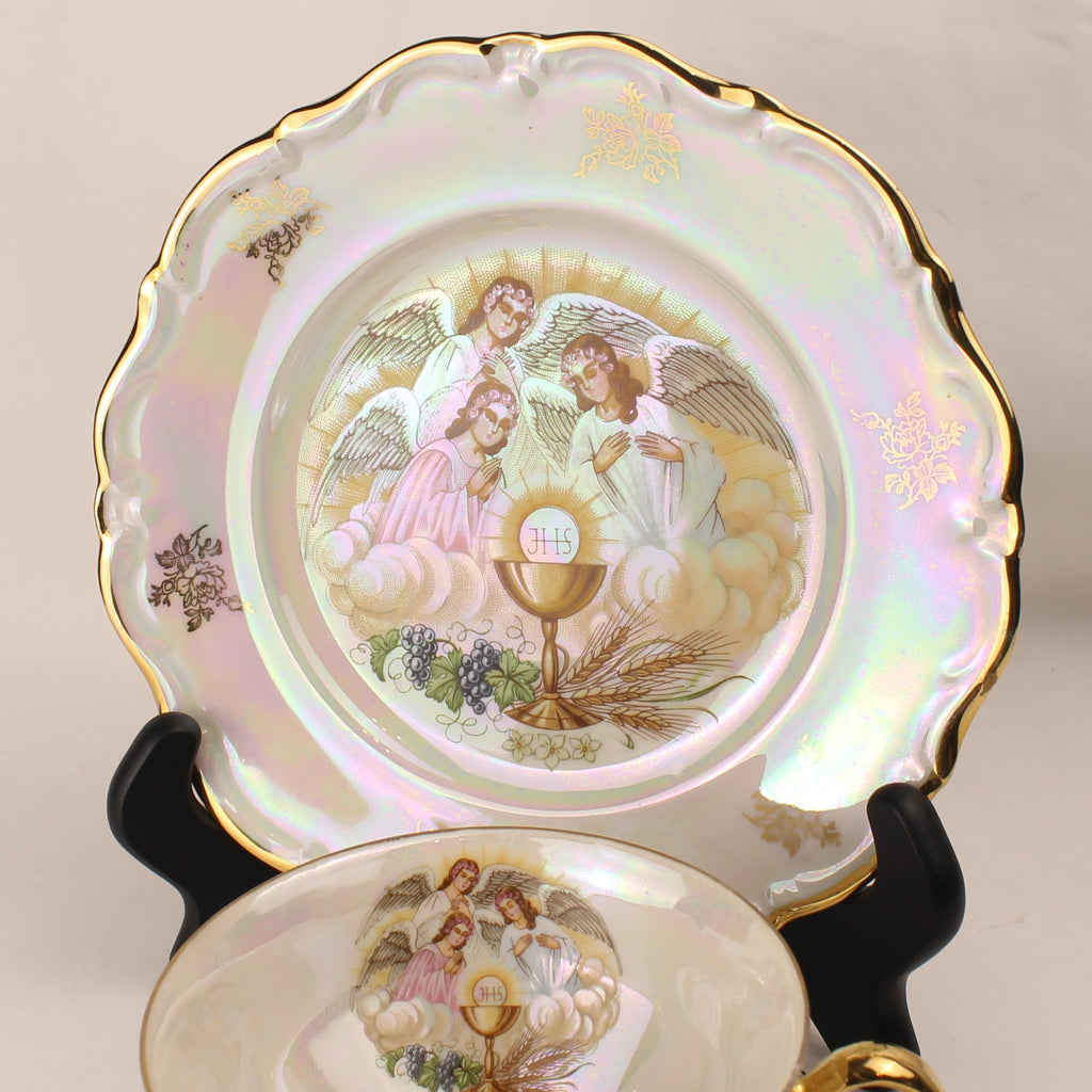 Religieuze porseleinen set Lorenz Bavaria – kop, schotel en bord met engelen en eucharistisch decor