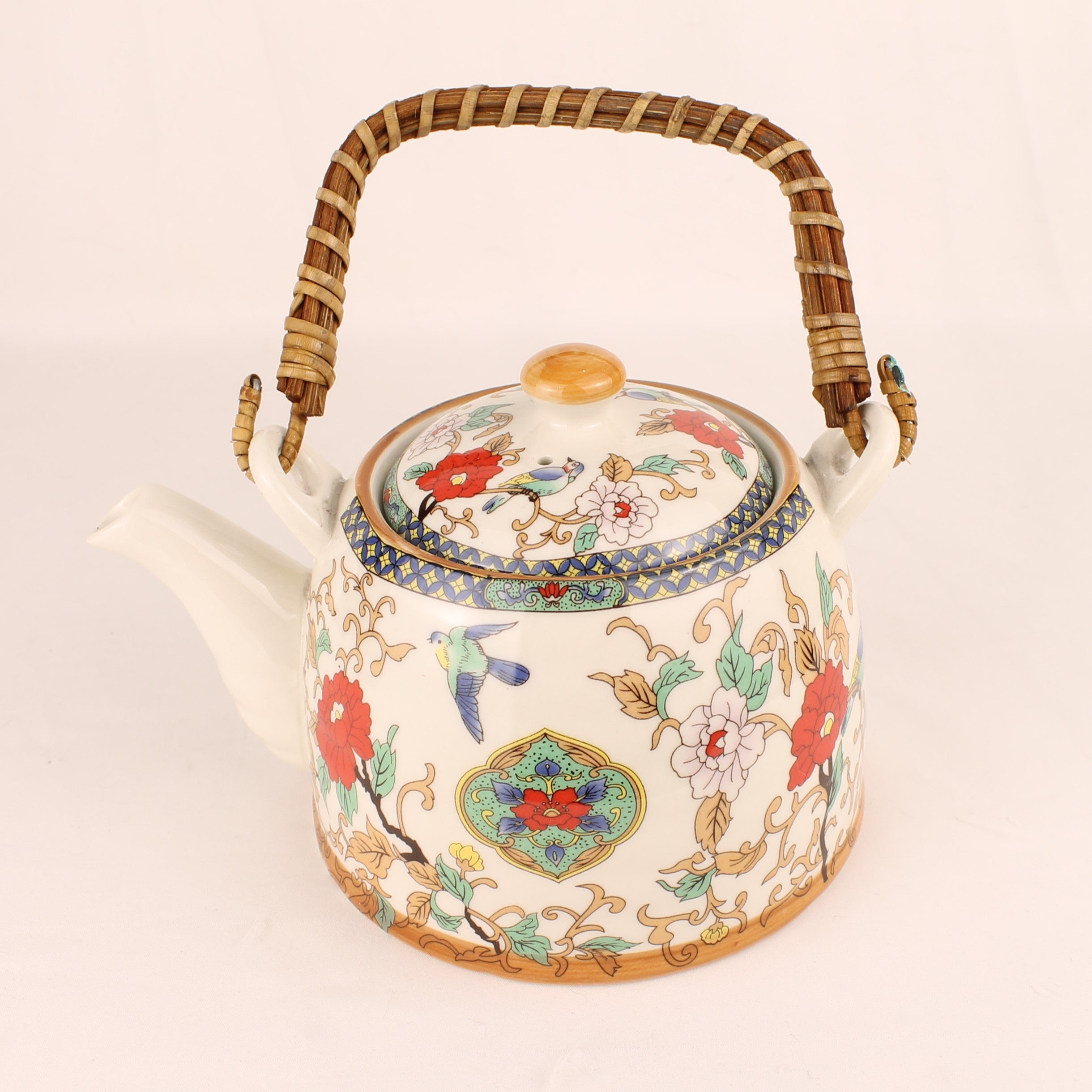 Chinese Theepot Jingdezhen Porselein – Vogel & Bloem Decor – Bamboe Handvat