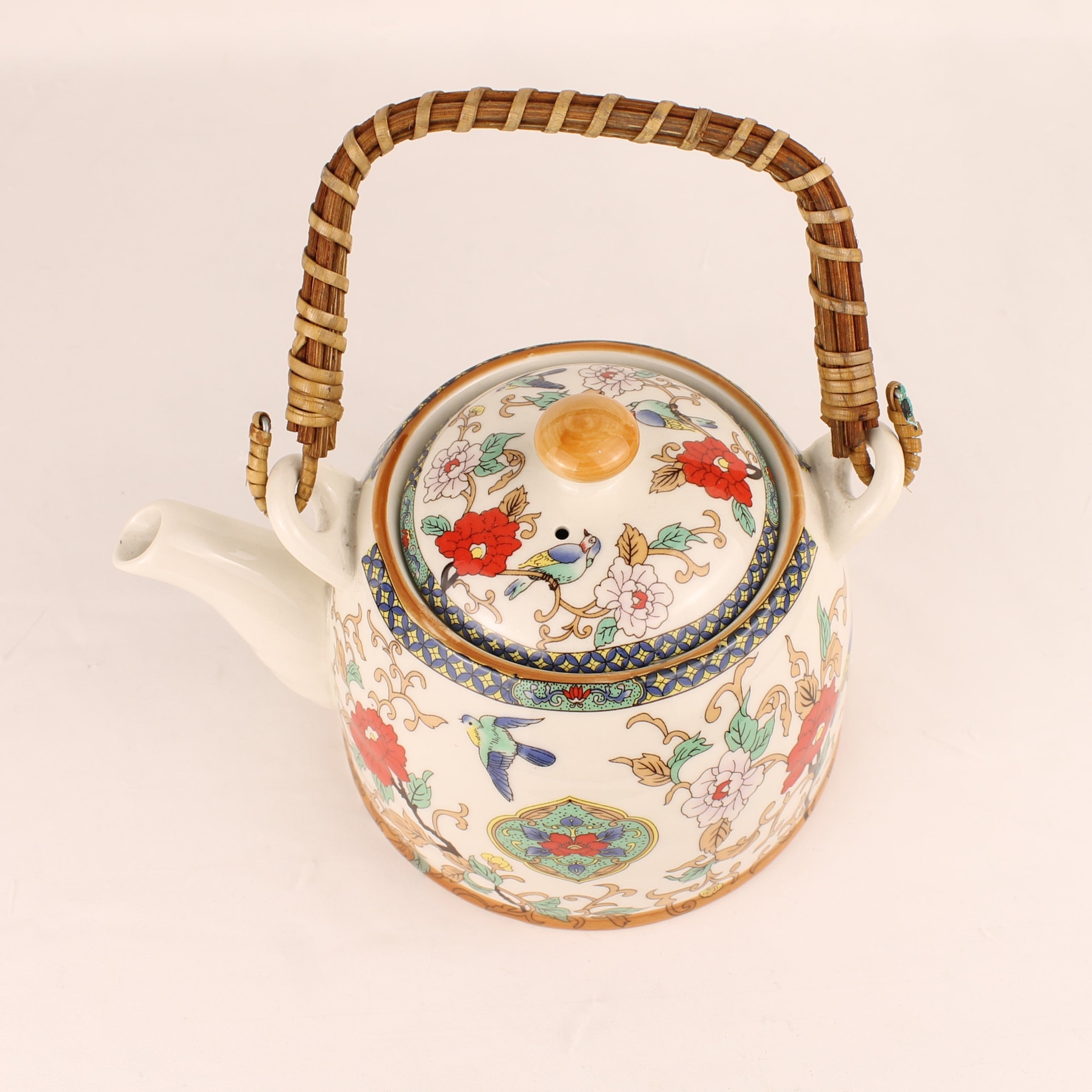 Chinese Theepot Jingdezhen Porselein – Vogel & Bloem Decor – Bamboe Handvat