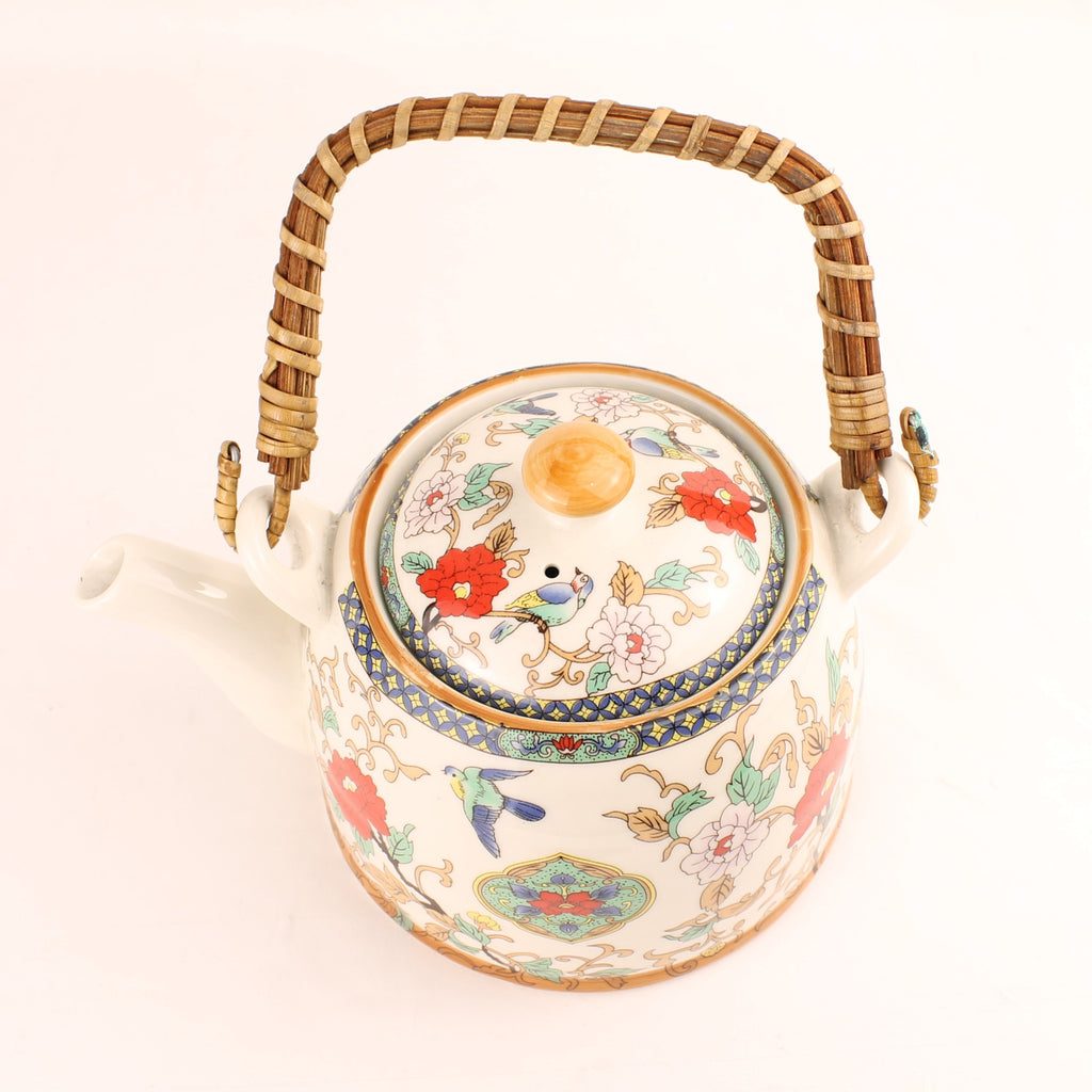 Chinese Theepot Jingdezhen Porselein – Vogel & Bloem Decor – Bamboe Handvat