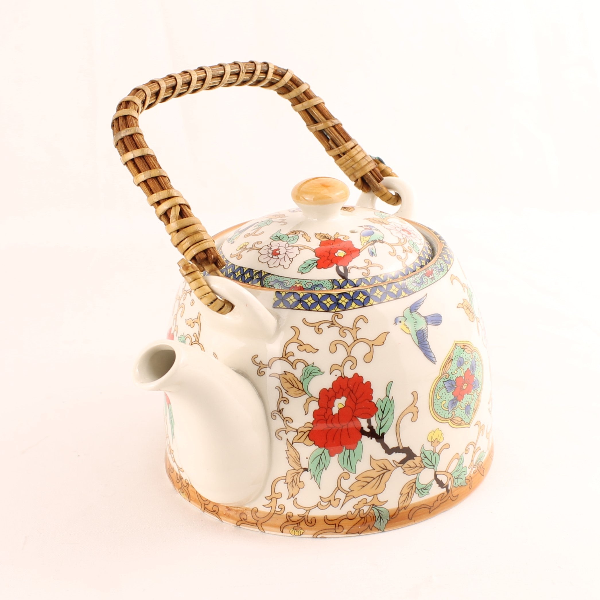 Chinese Theepot Jingdezhen Porselein – Vogel & Bloem Decor – Bamboe Handvat