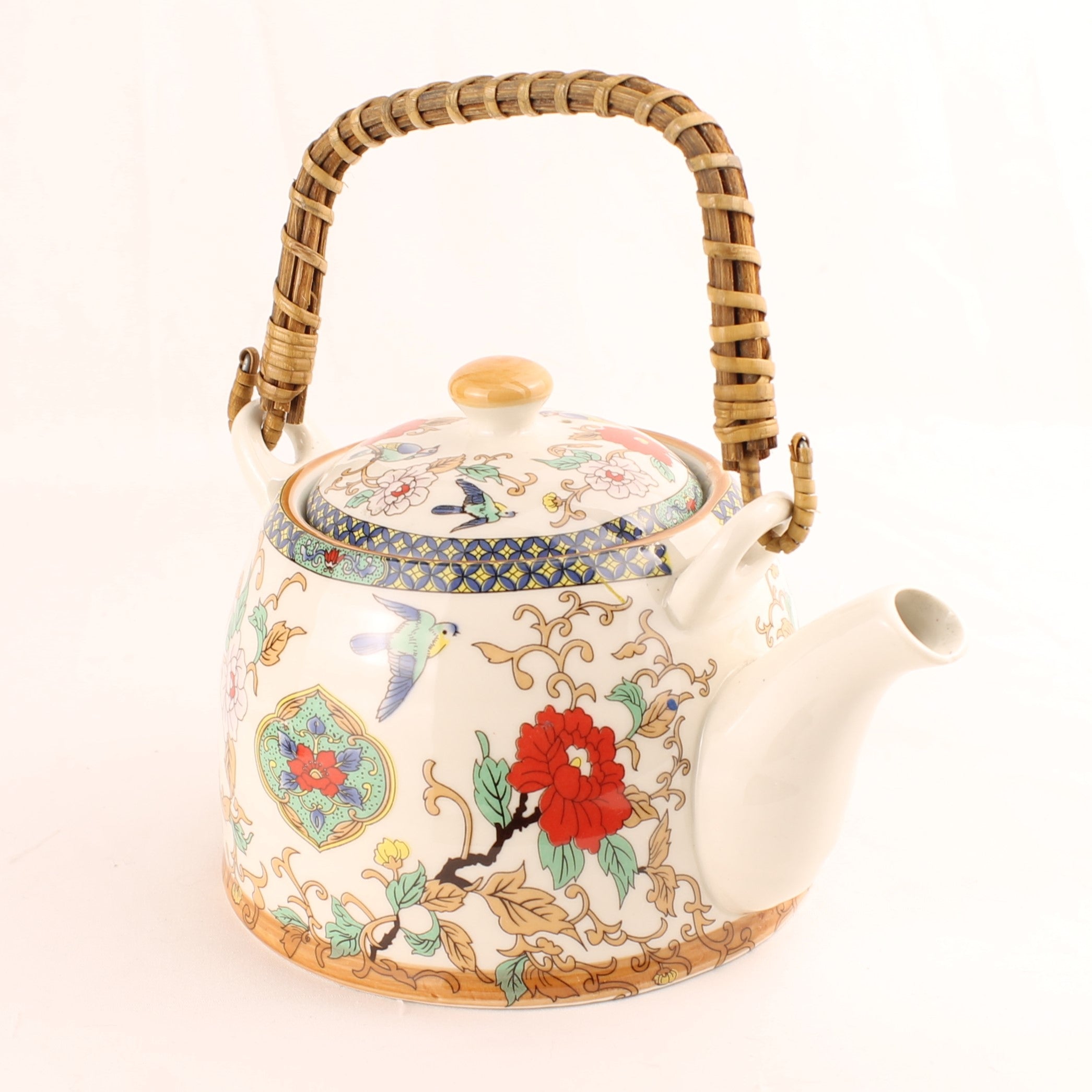 Chinese Theepot Jingdezhen Porselein – Vogel & Bloem Decor – Bamboe Handvat
