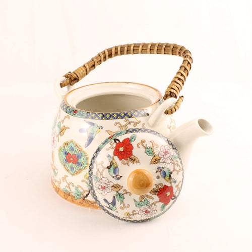 Chinese Theepot Jingdezhen Porselein – Vogel & Bloem Decor – Bamboe Handvat