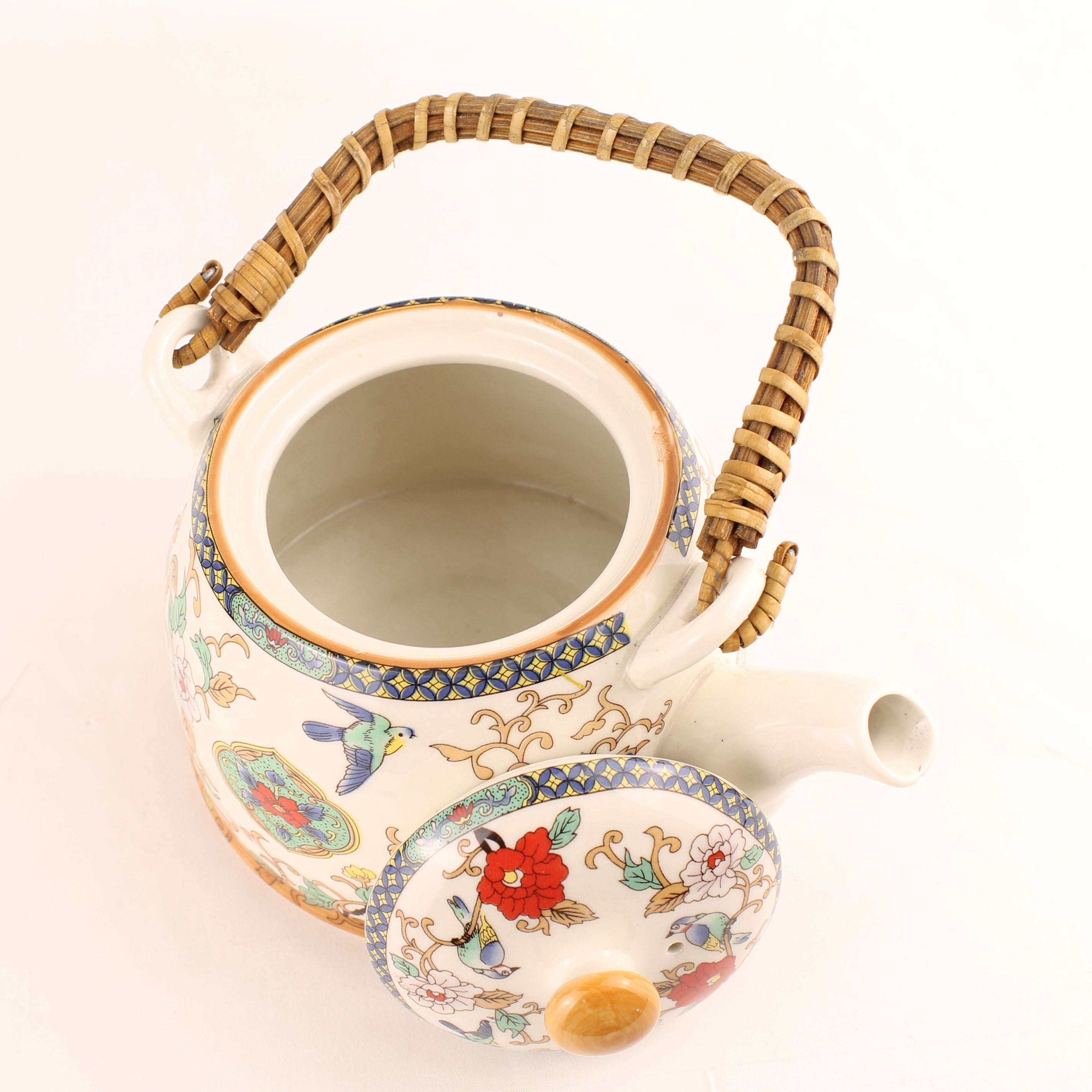 Chinese Theepot Jingdezhen Porselein – Vogel & Bloem Decor – Bamboe Handvat