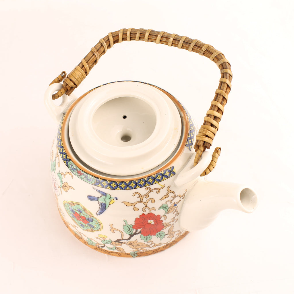 Chinese Theepot Jingdezhen Porselein – Vogel & Bloem Decor – Bamboe Handvat