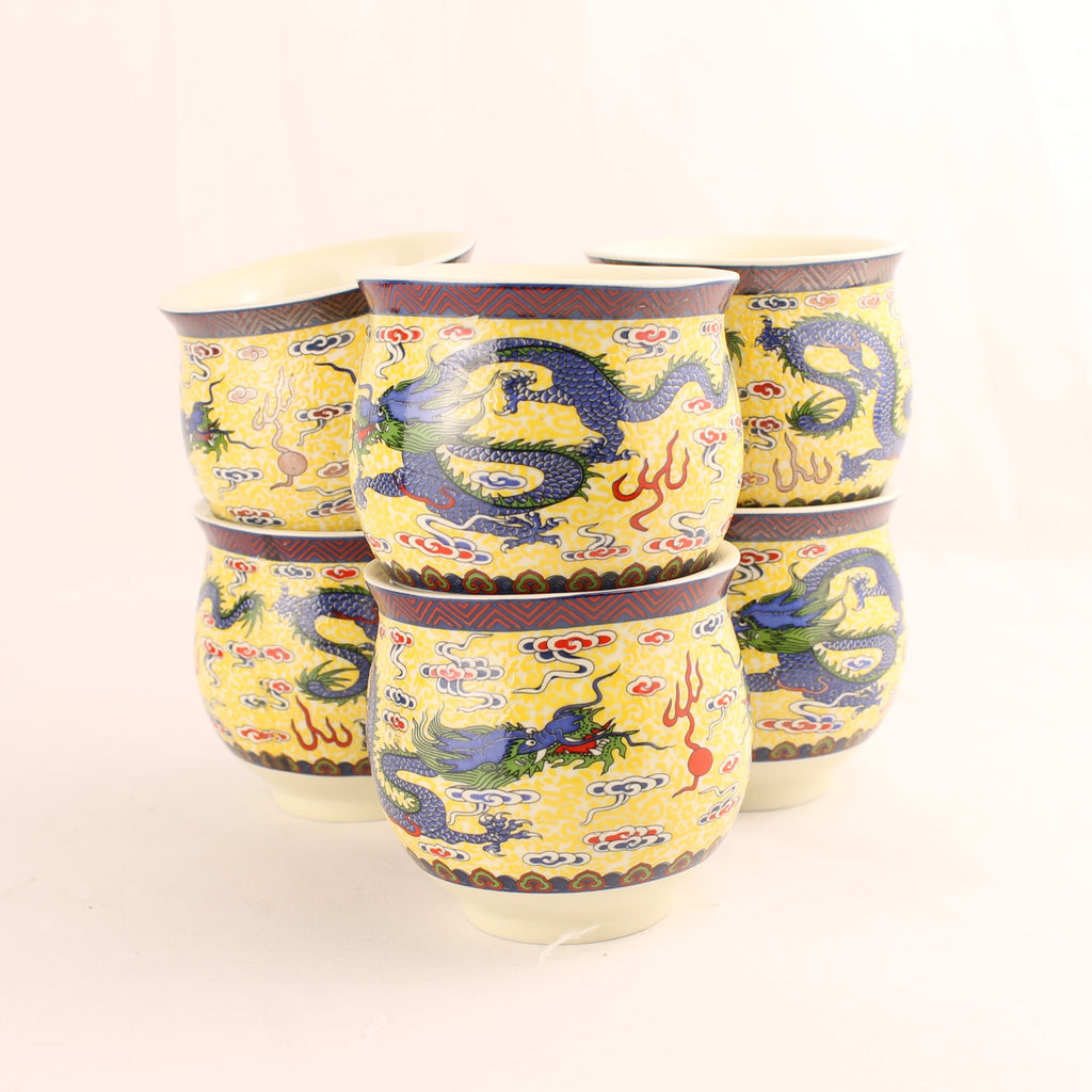 Chinese Porseleinen Kopjes met Draakdecor (6) – Gele Emaille – Dubbelwandig