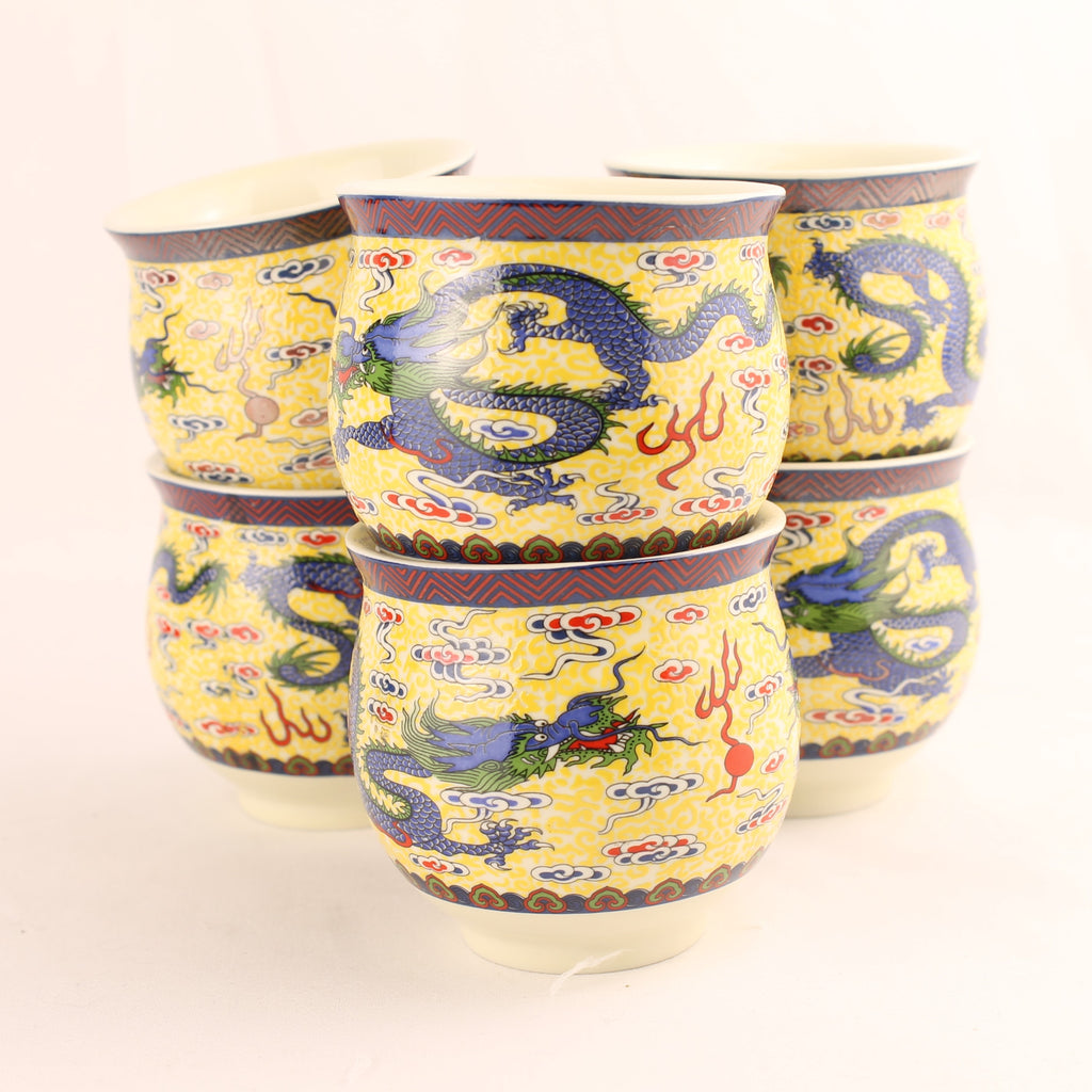 Chinese Porseleinen Kopjes met Draakdecor (6) – Gele Emaille – Dubbelwandig