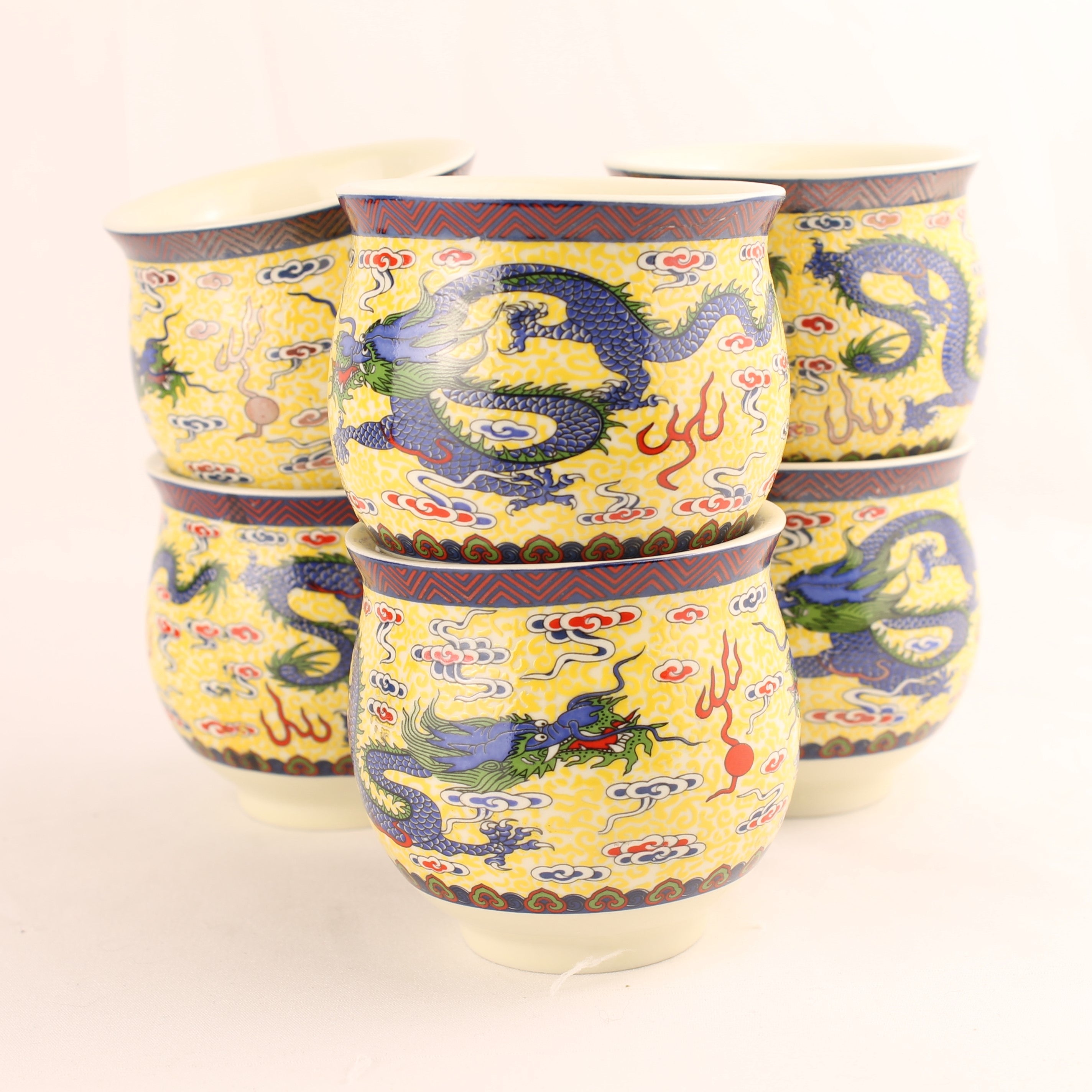 Chinese Porseleinen Kopjes met Draakdecor (6) – Gele Emaille – Dubbelwandig