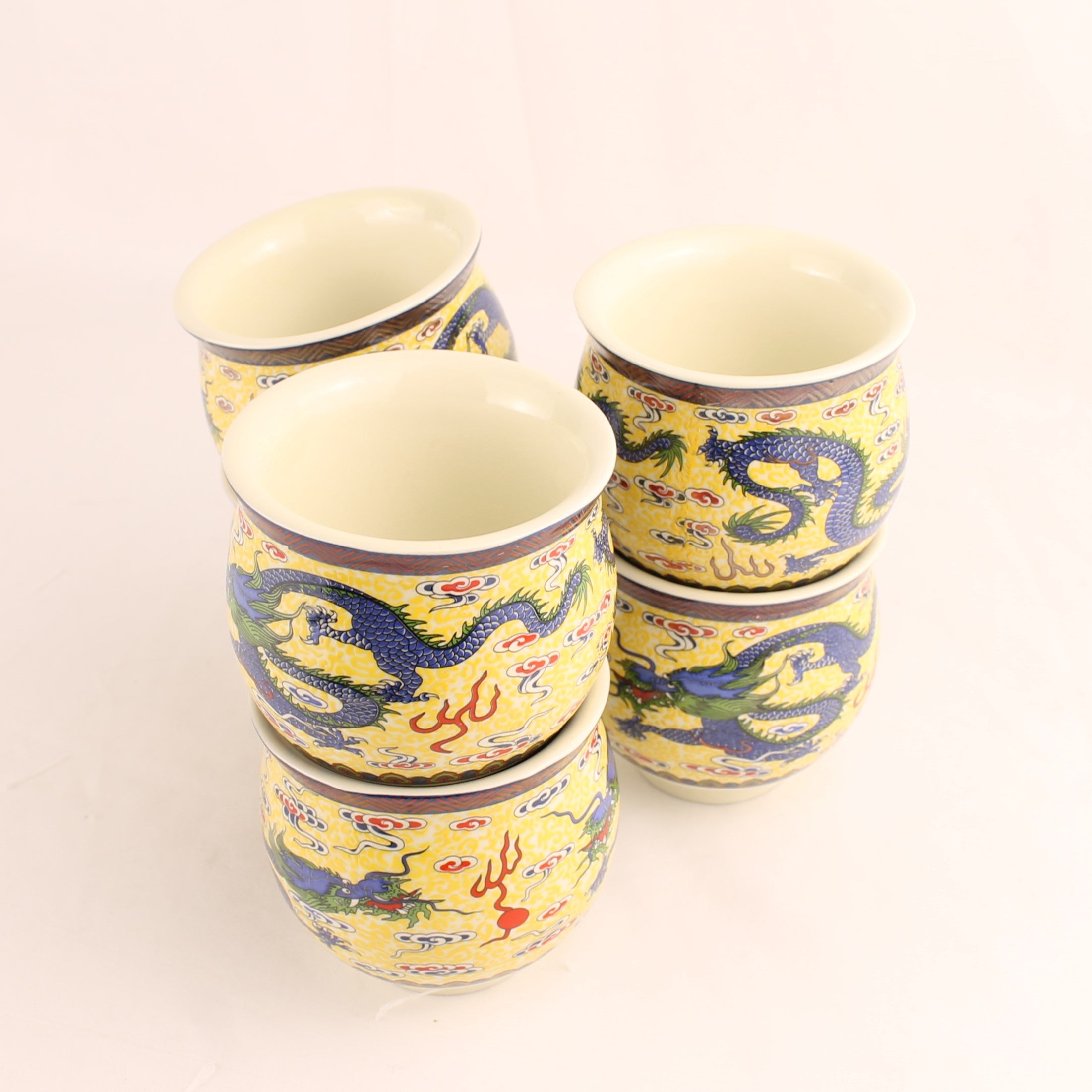 Chinese Porseleinen Kopjes met Draakdecor (6) – Gele Emaille – Dubbelwandig