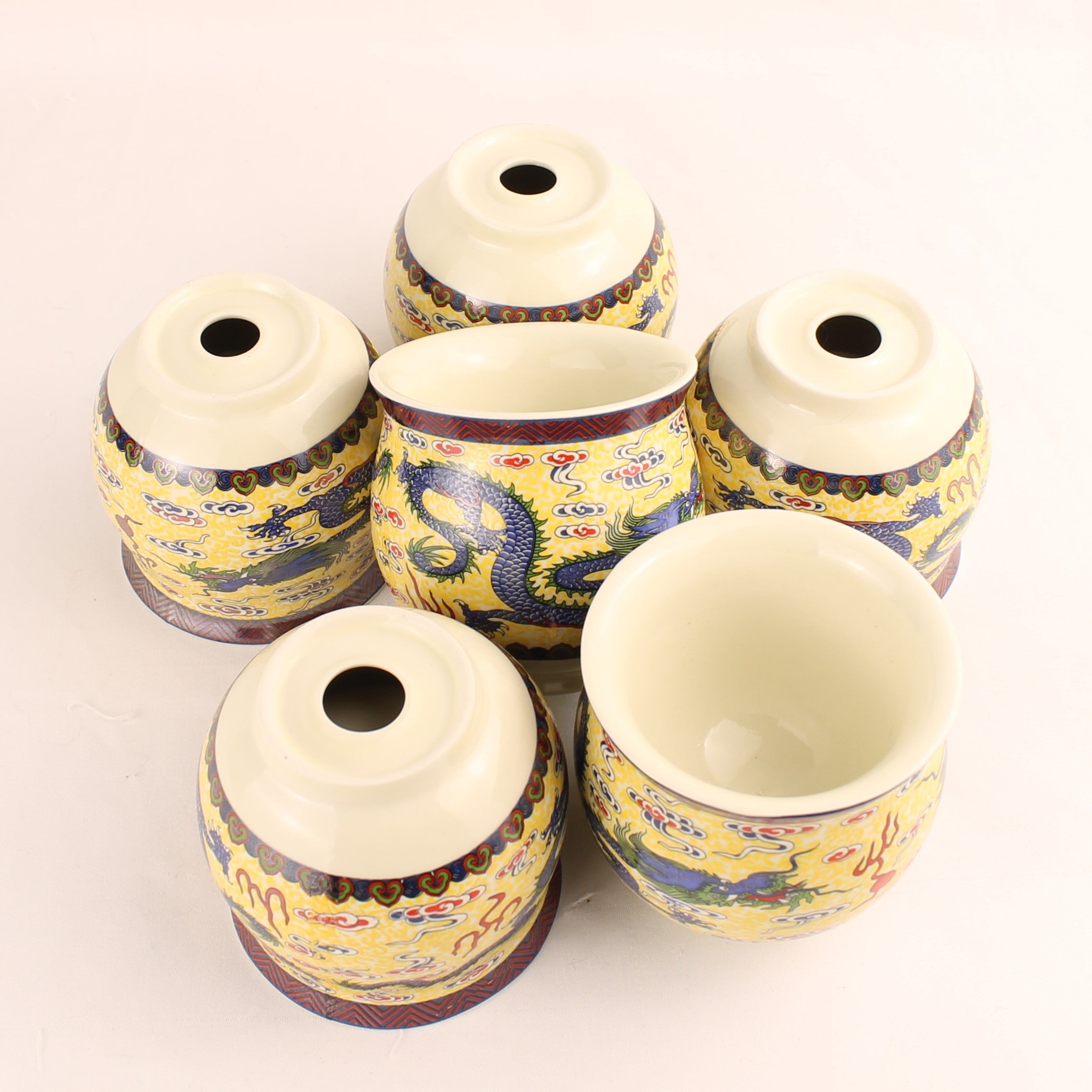 Chinese Porseleinen Kopjes met Draakdecor (6) – Gele Emaille – Dubbelwandig