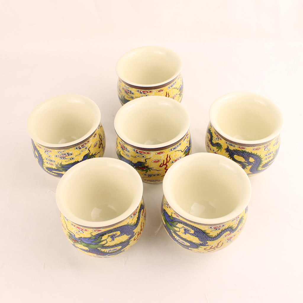 Chinese Porseleinen Kopjes met Draakdecor (6) – Gele Emaille – Dubbelwandig