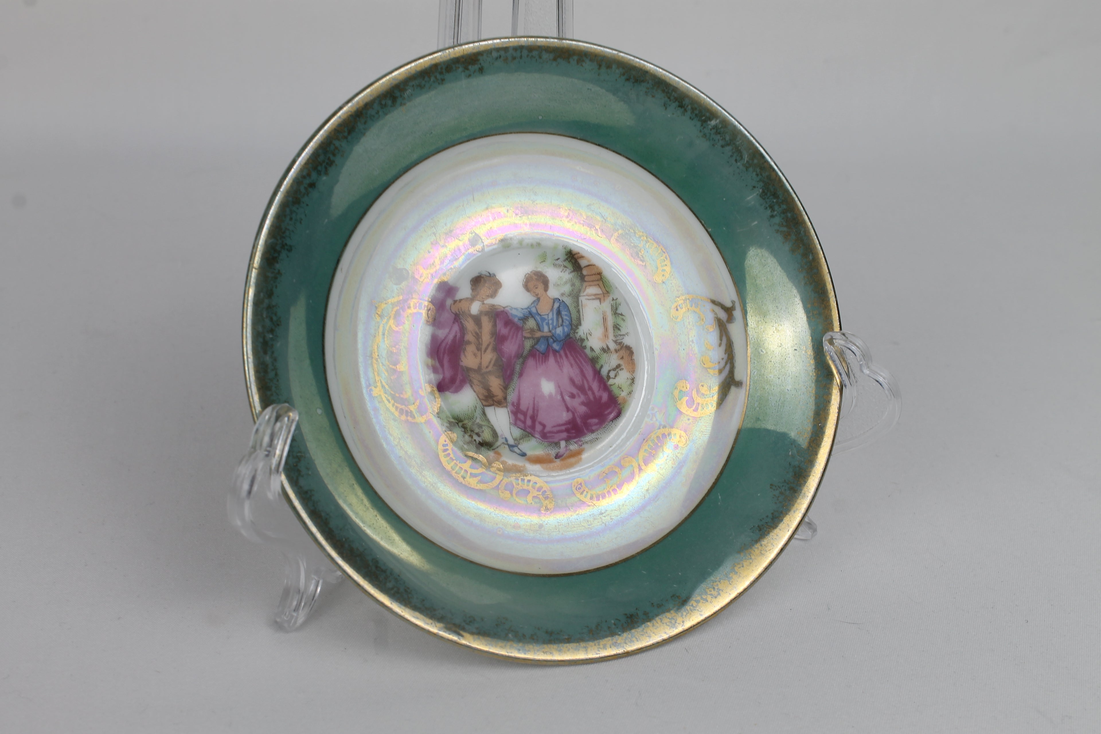 Set van 2 Vintage Lusterware Mini-Schoteltjes – Romantische Rococo Scènes – Goudaccenten