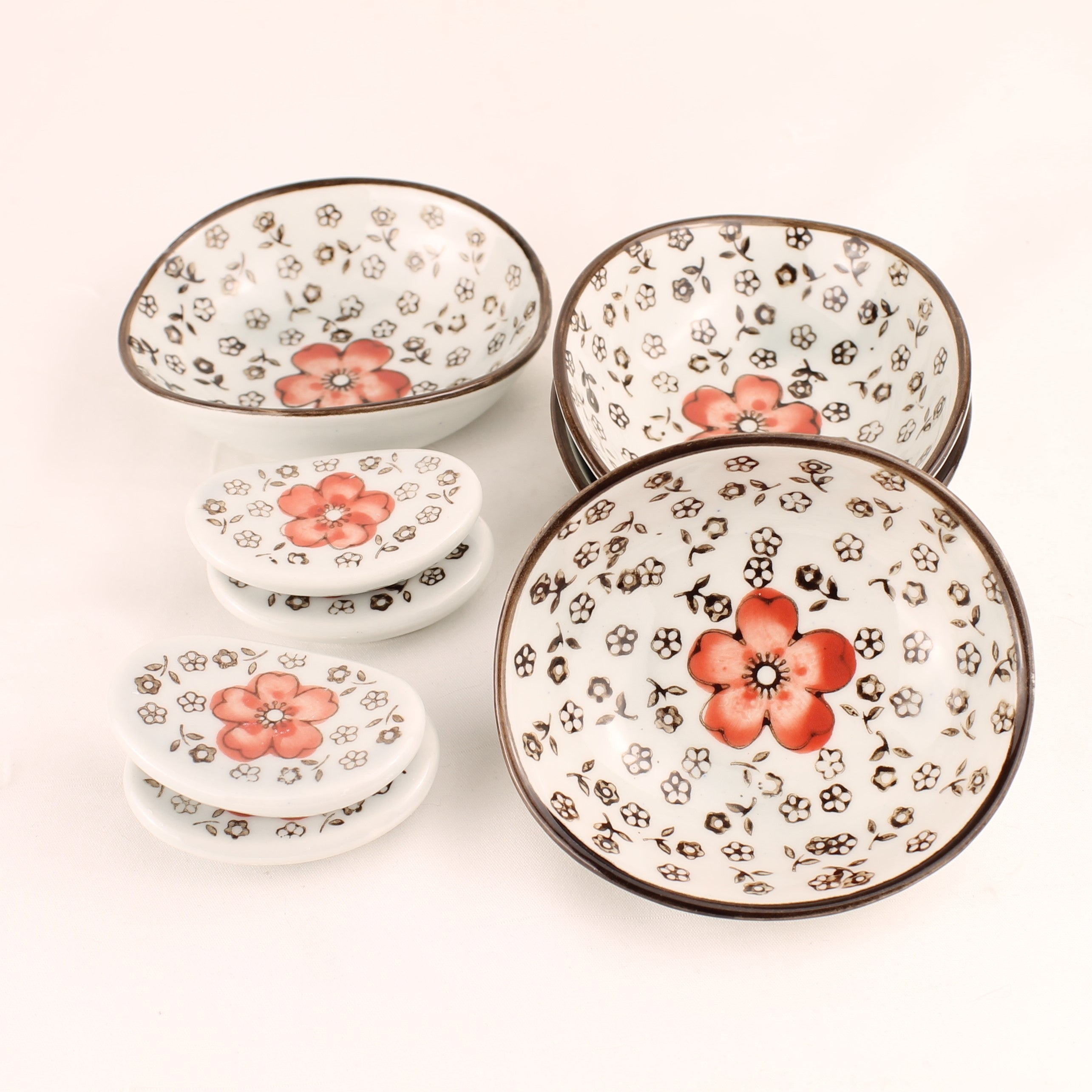 Japanse Sushi & Soja Saus Set – 8 Delig Keramiek met Bloemmotief
