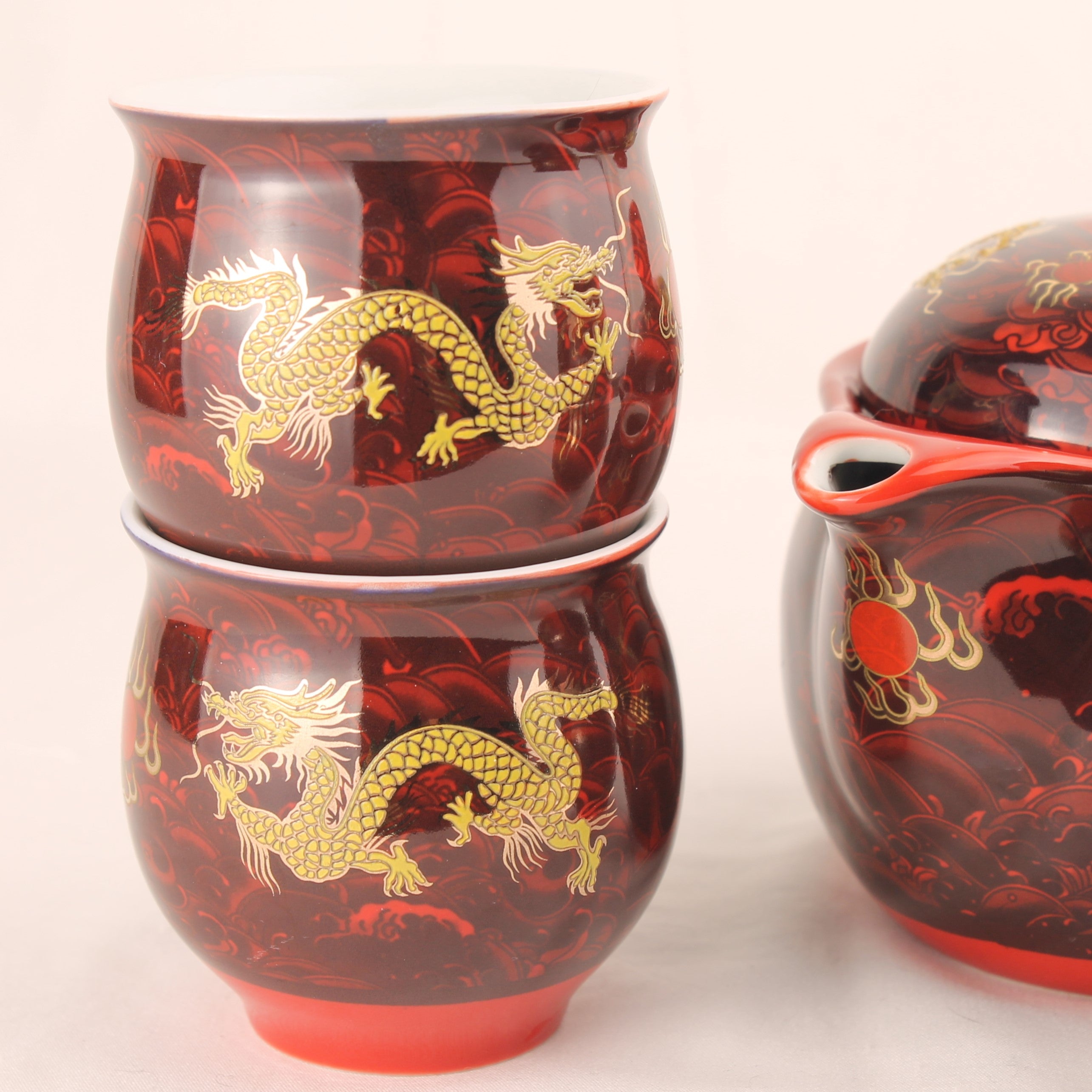 Chinese Gongfu Theeset met Drakenmotief in Originele Doos – Dubbelwandige Kopjes