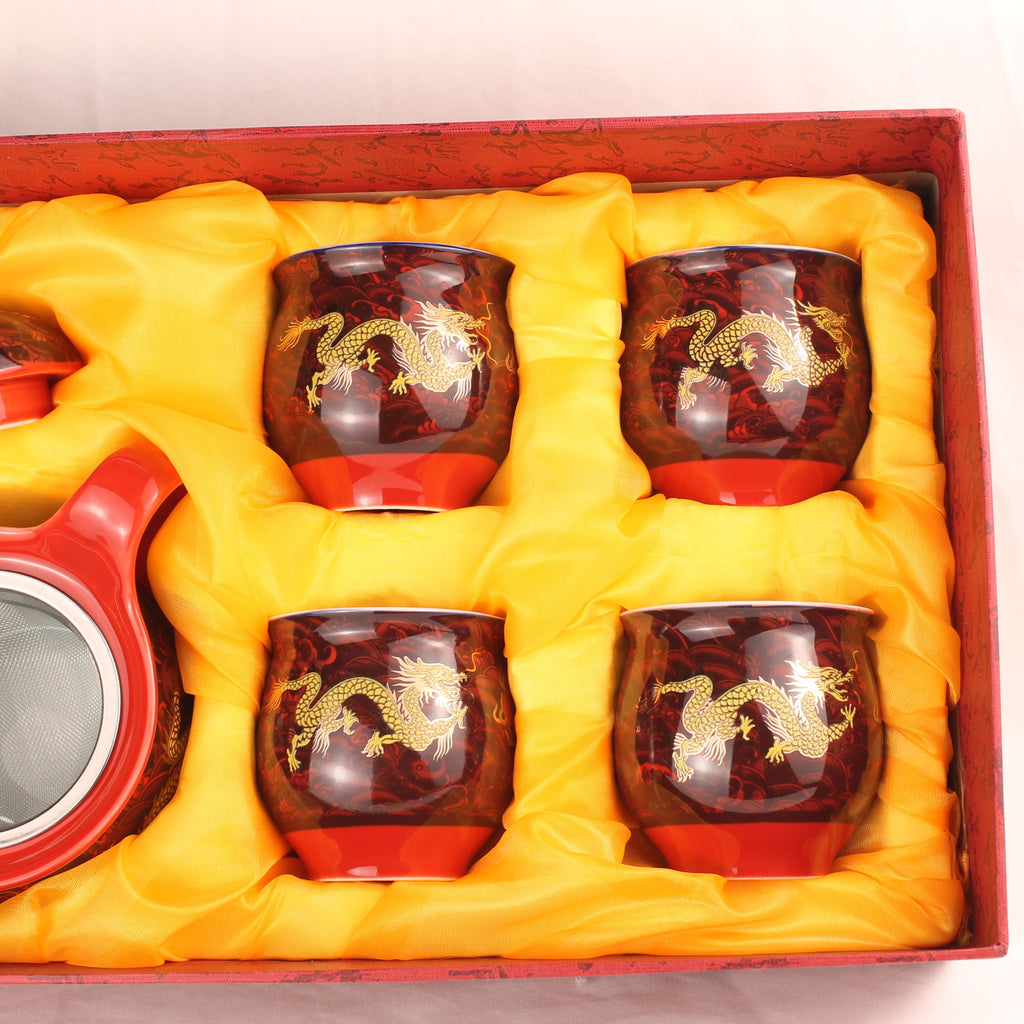 Chinese Gongfu Theeset met Drakenmotief in Originele Doos – Dubbelwandige Kopjes