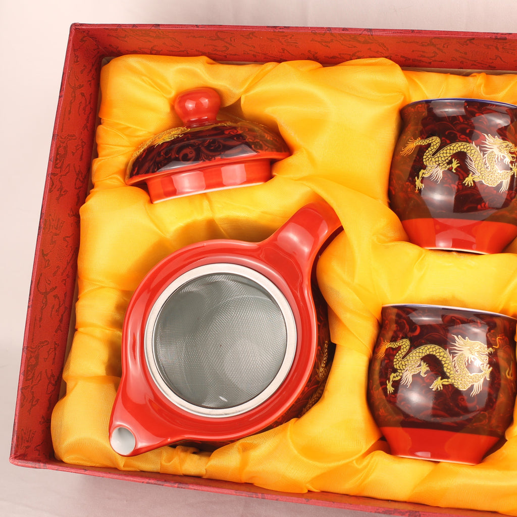 Chinese Gongfu Theeset met Drakenmotief in Originele Doos – Dubbelwandige Kopjes