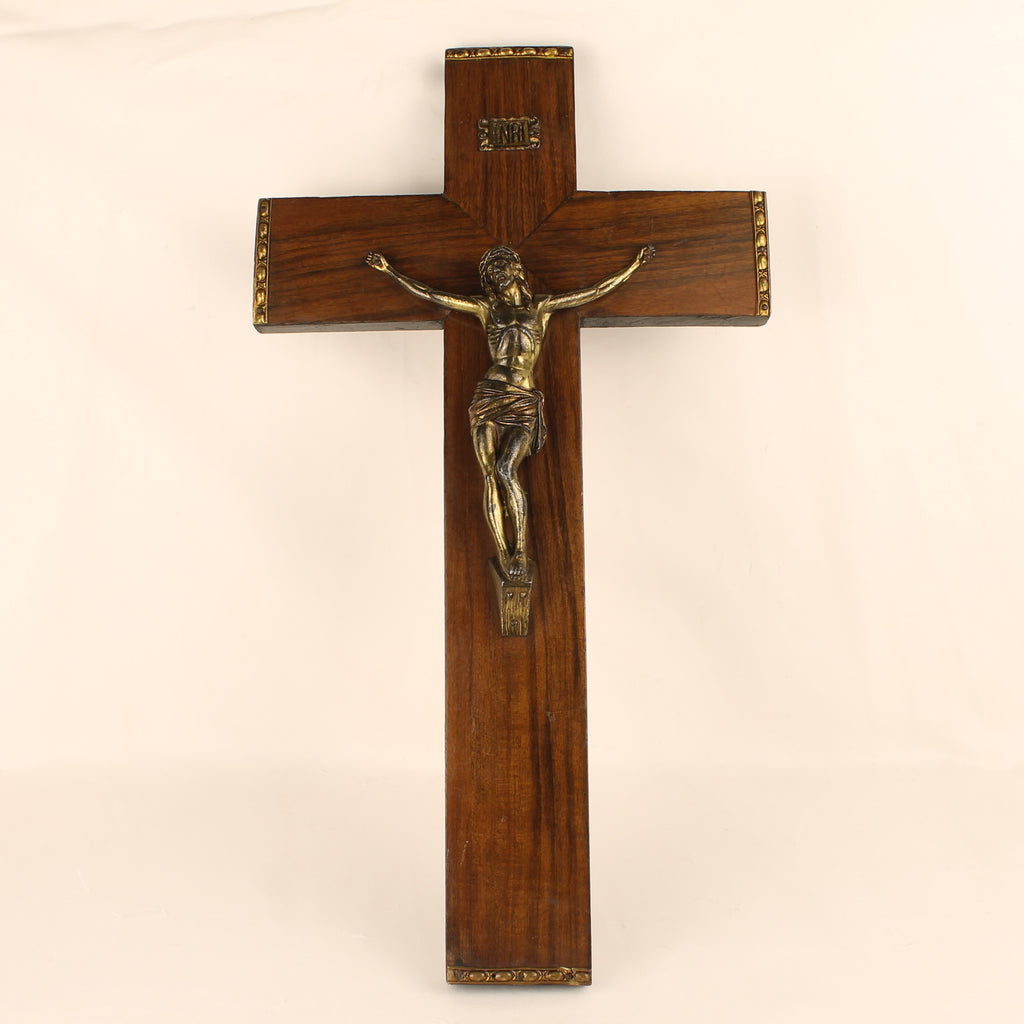 Groot Houten Wandkruis met Verguld Christus Corpus en INRI - 45 cm - Katholieke Devotionalia