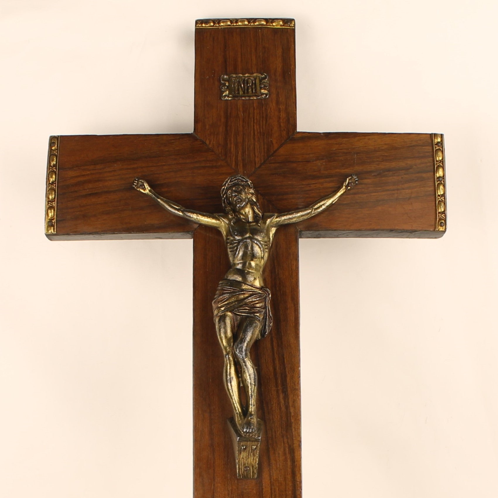 Groot Houten Wandkruis met Verguld Christus Corpus en INRI - 45 cm - Katholieke Devotionalia