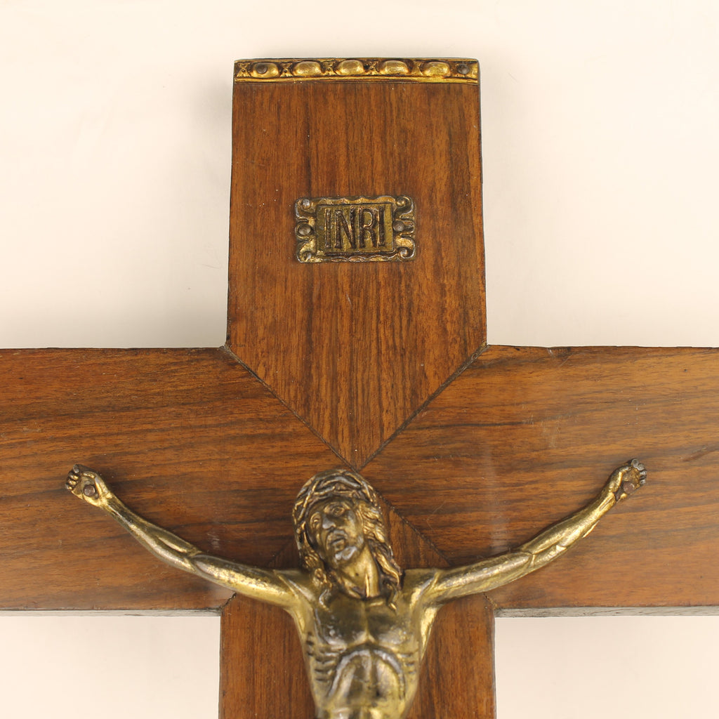 Groot Houten Wandkruis met Verguld Christus Corpus en INRI - 45 cm - Katholieke Devotionalia