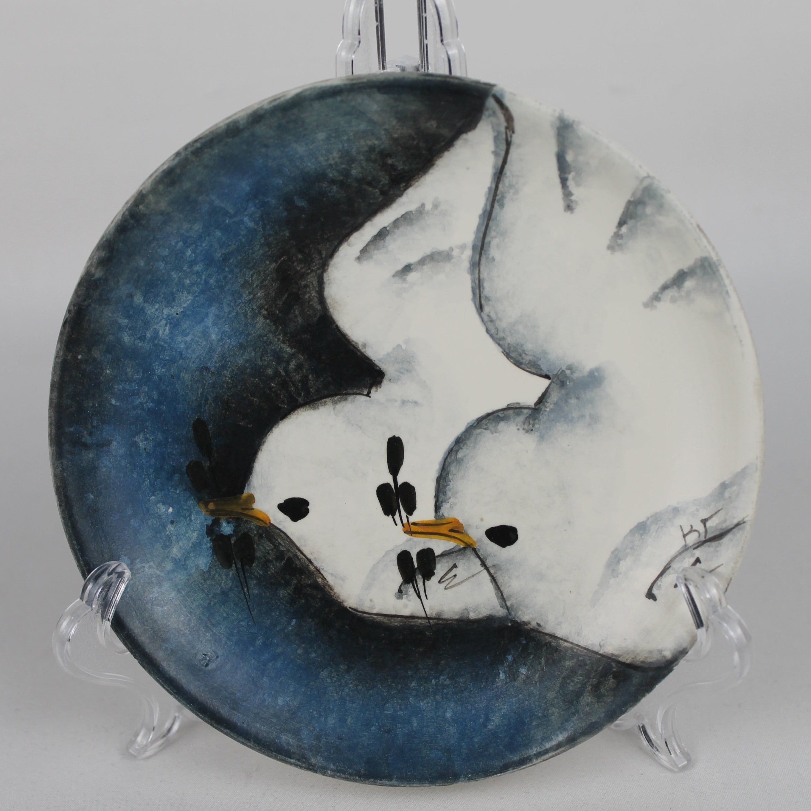 Handgeschilderd Keramisch Kunstbord – Duivenkoppel – Gesigneerd – 14 cm