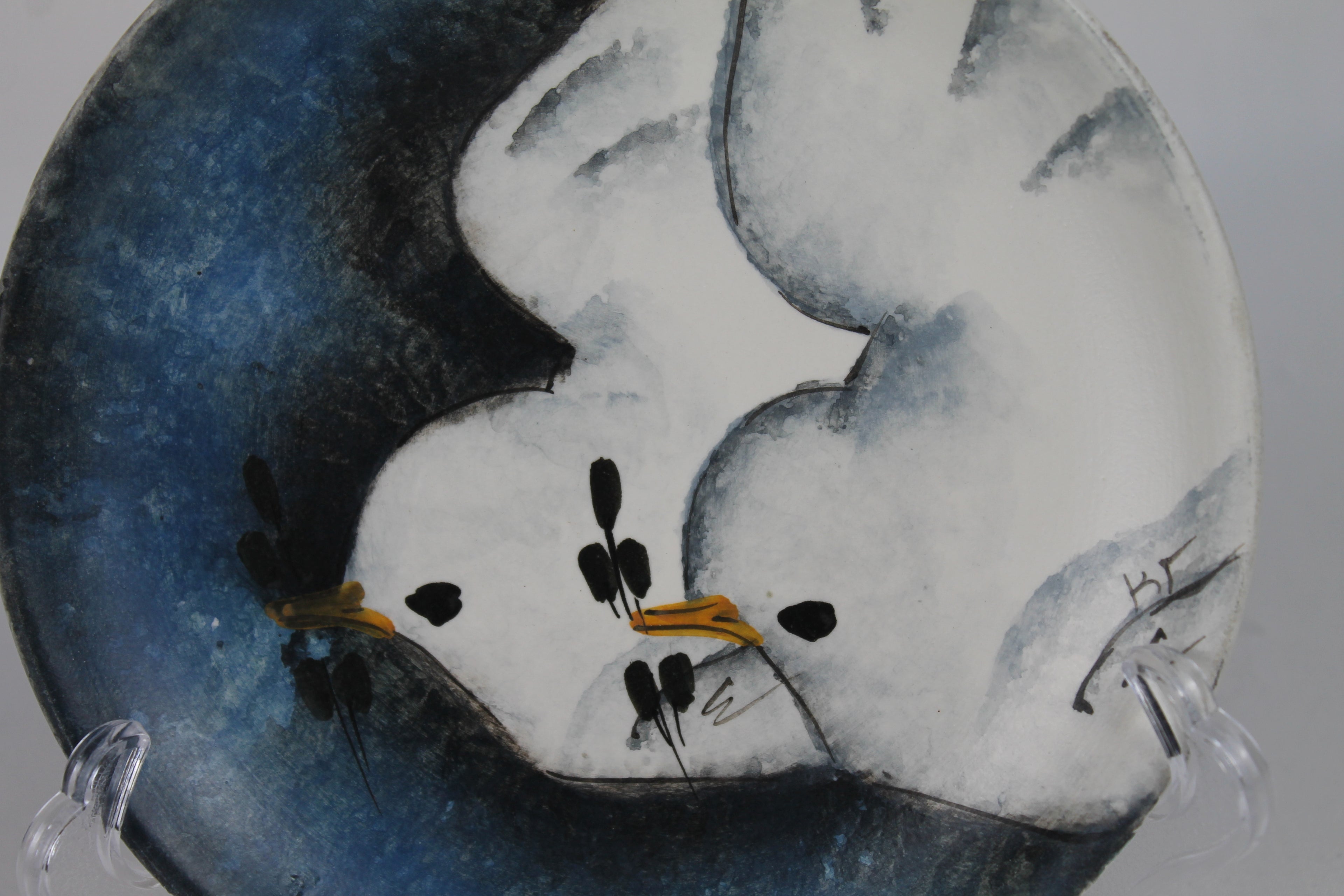 Handgeschilderd Keramisch Kunstbord – Duivenkoppel – Gesigneerd – 14 cm