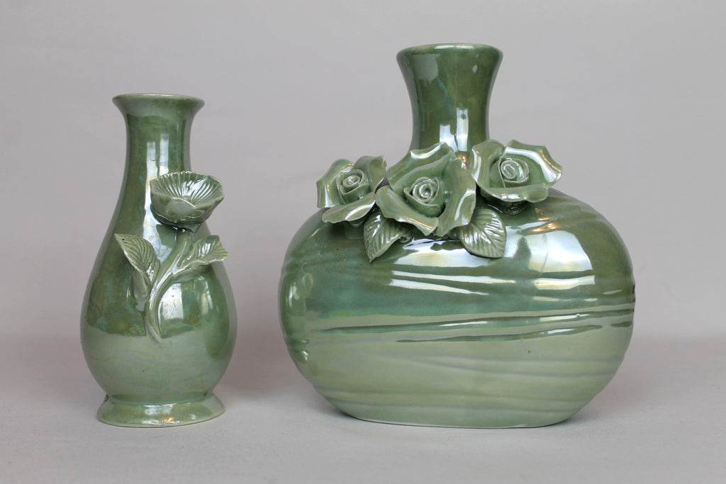 Set of two: Green ceramic vases with flowers | Gloss glaze