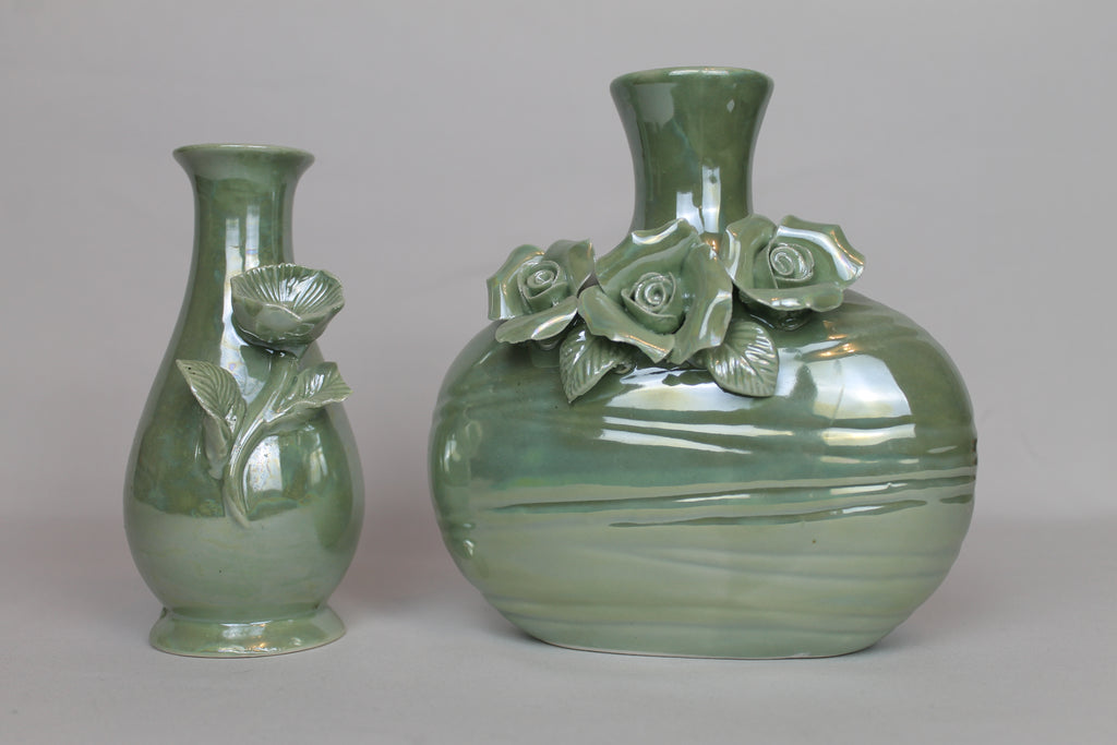 Set of two: Green ceramic vases with flowers | Gloss glaze