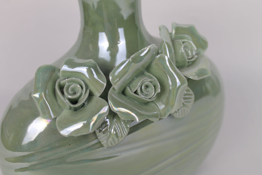 Set of two: Green ceramic vases with flowers | Gloss glaze