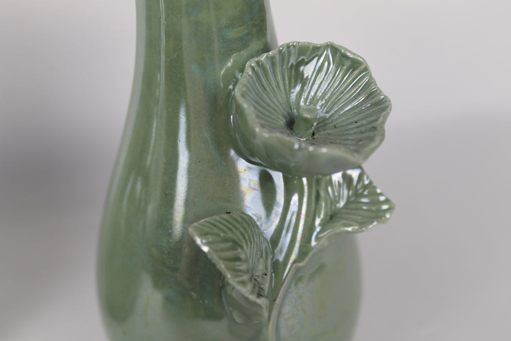 Set of two: Green ceramic vases with flowers | Gloss glaze