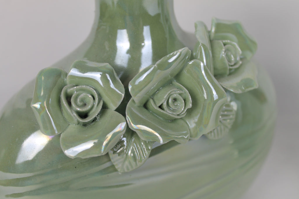 Set of two: Green ceramic vases with flowers | Gloss glaze