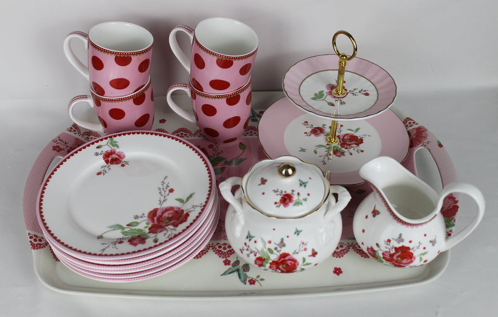 Room Seven “Winter Poppy” – Complete Serviesset (13-delig) – Mokjes, Bordjes, Suikerpot, Melkkannetje & Etagère