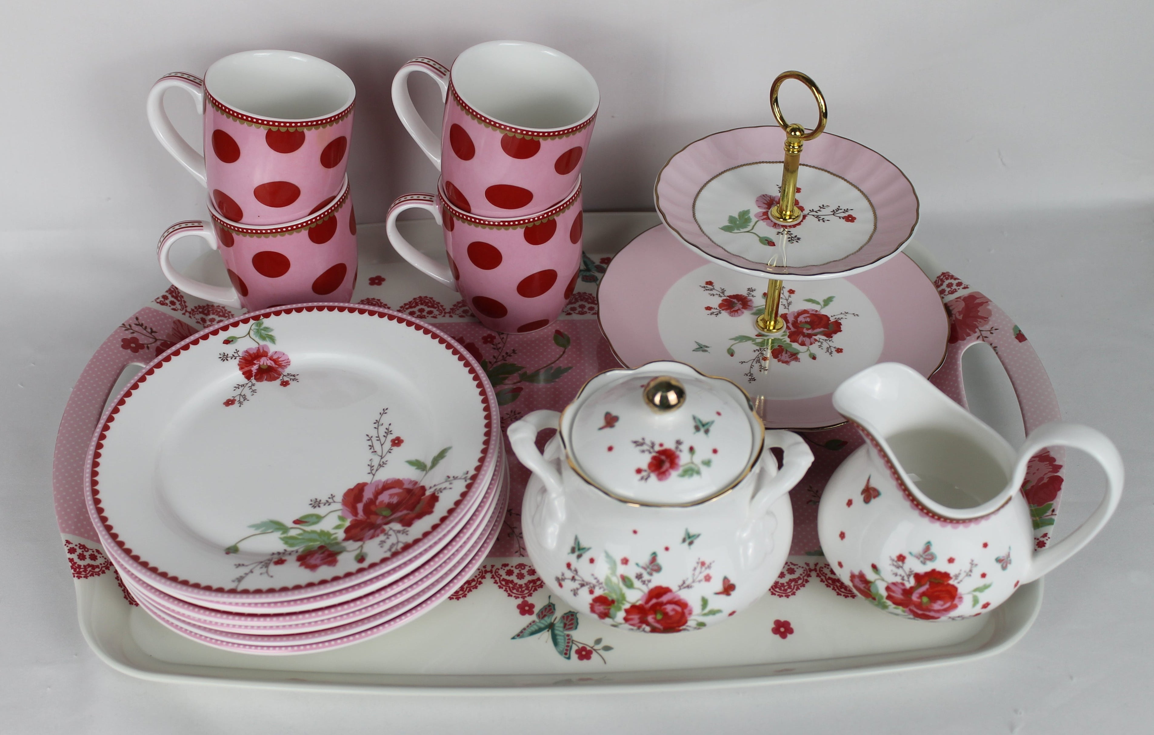 Room Seven “Winter Poppy” – Complete Serviesset (13-delig) – Mokjes, Bordjes, Suikerpot, Melkkannetje & Etagère