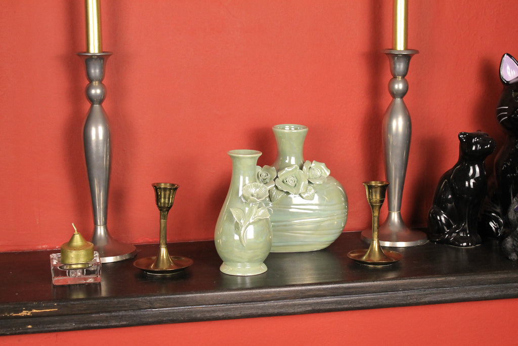 Set of two: Green ceramic vases with flowers | Gloss glaze