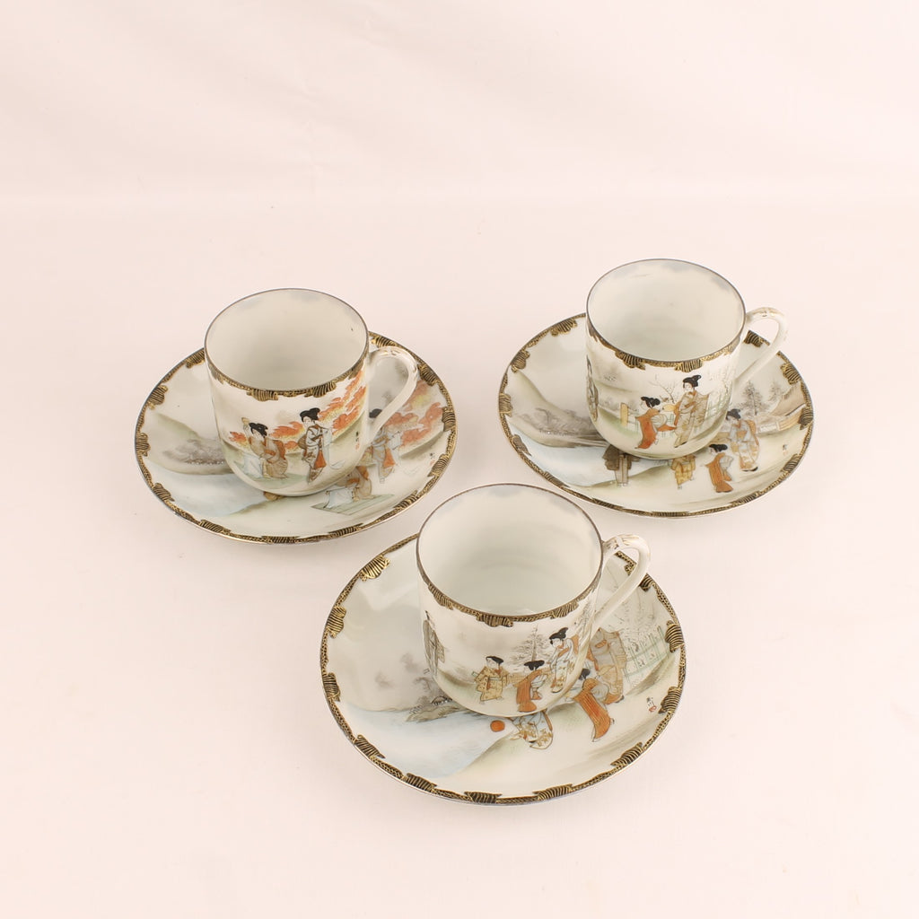 Japanse Handbeschilderde Eggshell Porseleinen Kop en Schotels | Set van 3 | EADES | ca. 1920-1935