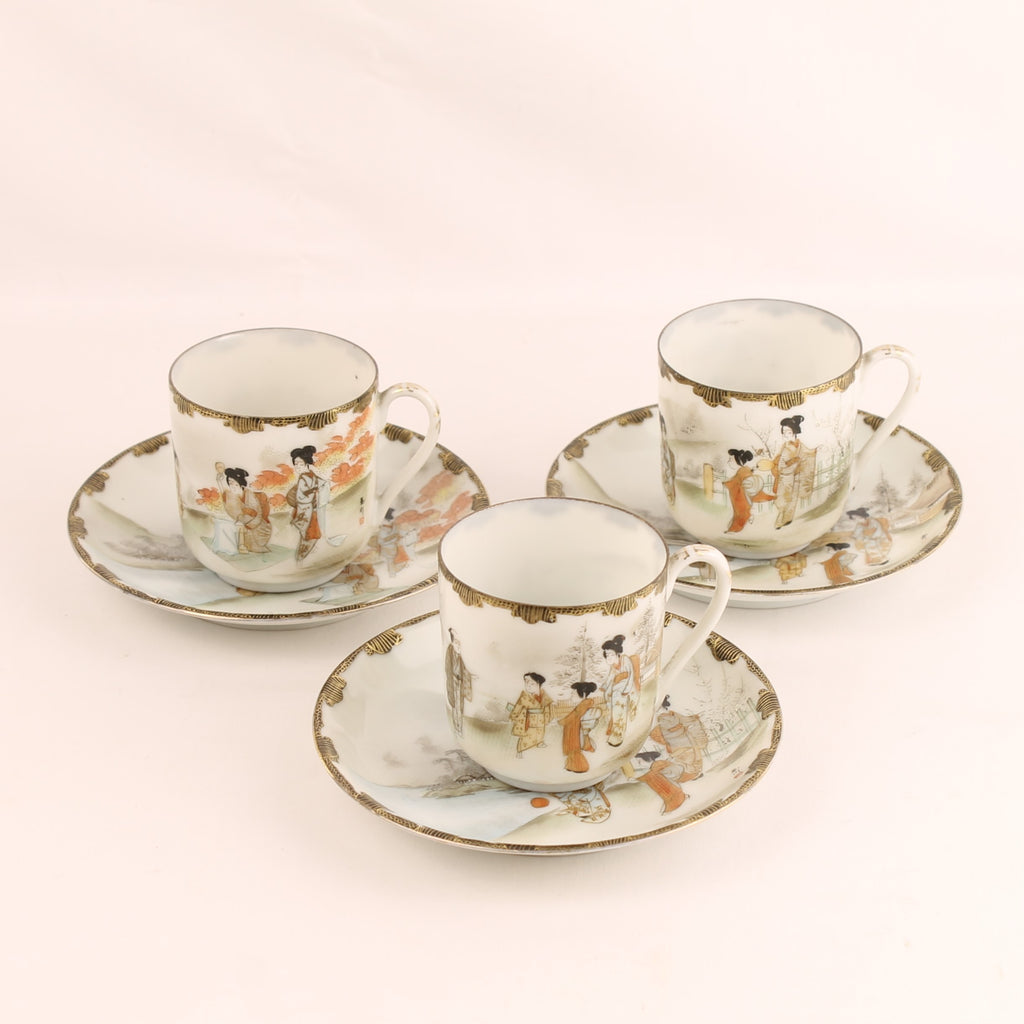 Japanse Handbeschilderde Eggshell Porseleinen Kop en Schotels | Set van 3 | EADES | ca. 1920-1935