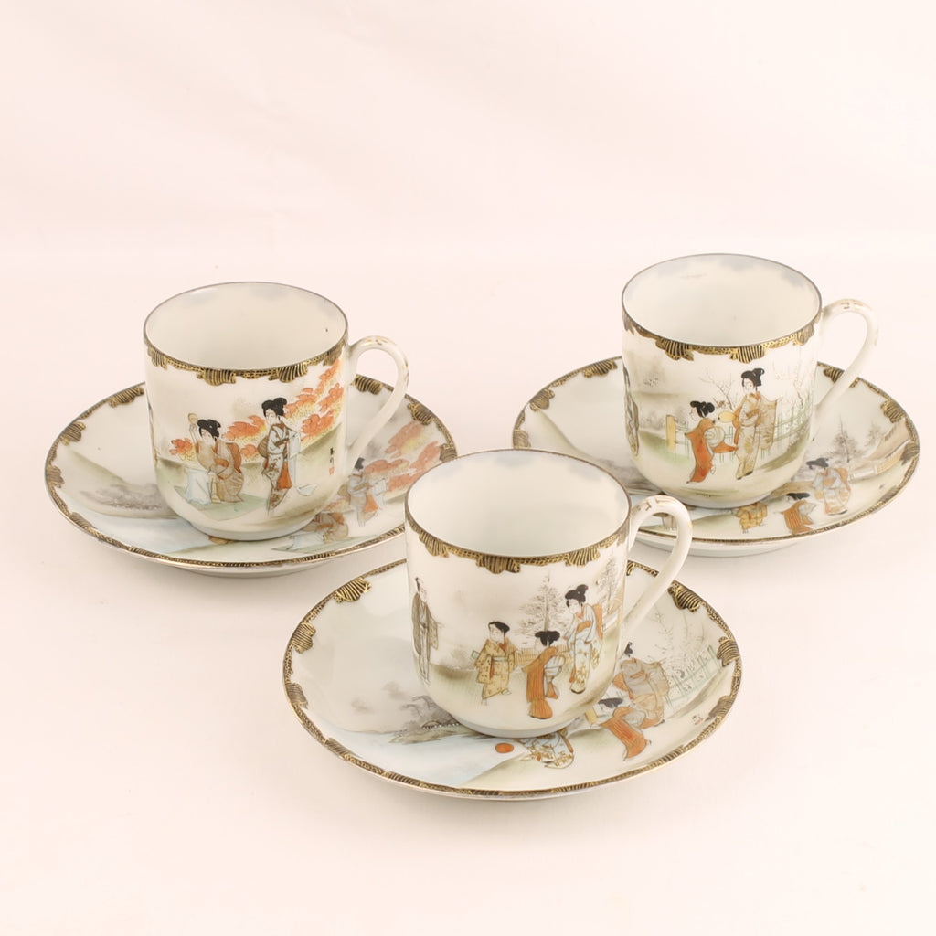 Japanse Handbeschilderde Eggshell Porseleinen Kop en Schotels | Set van 3 | EADES | ca. 1920-1935