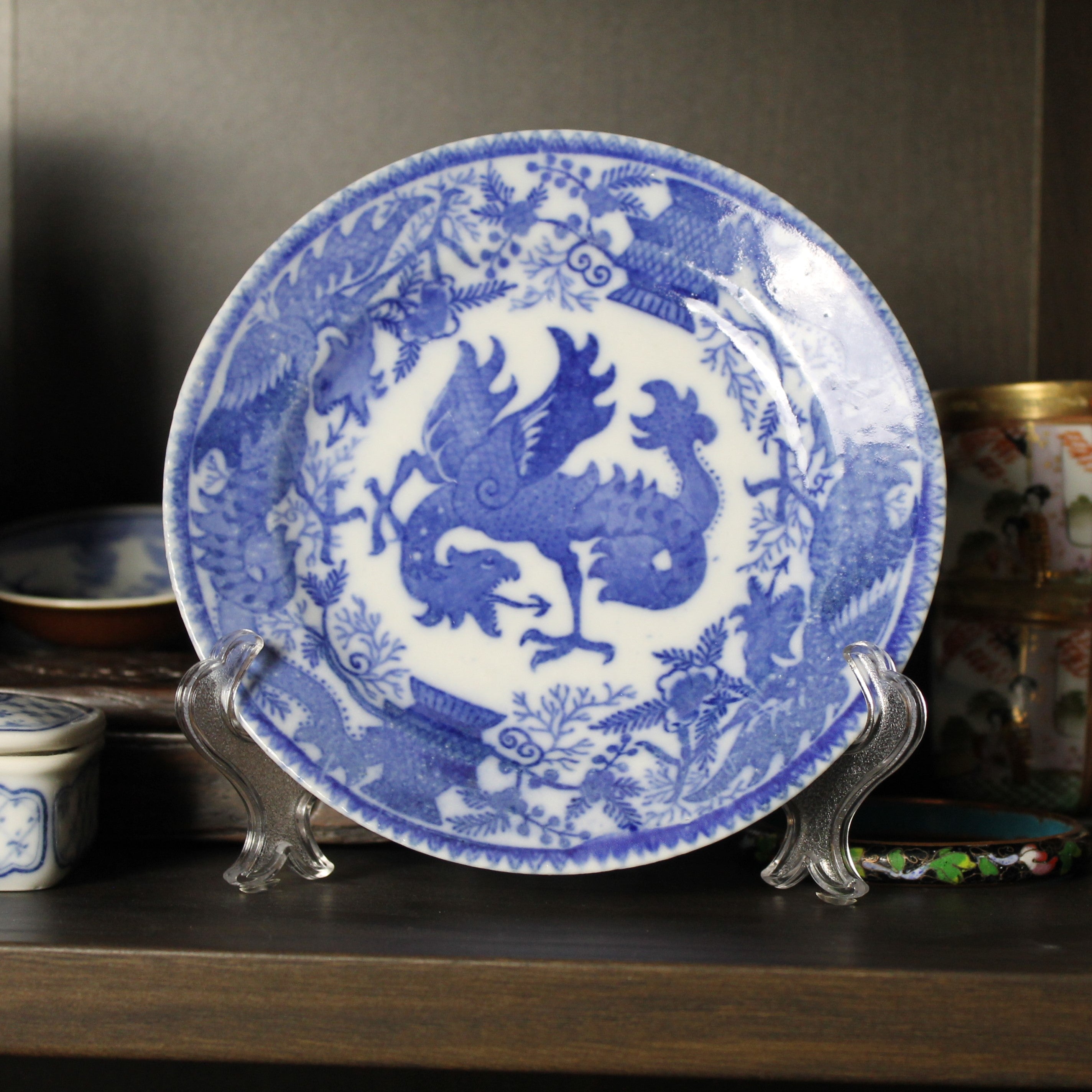 Vintage Japanese Blue and White Plate with Dragon Motif – 15.5 cm