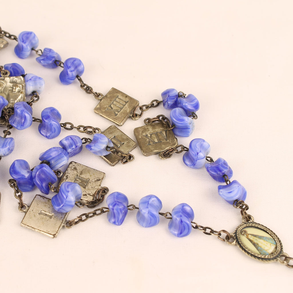 Kruiswegrozenkrans | 14 Staties & Blauwe Glaskralen | Ca. 1940-1960